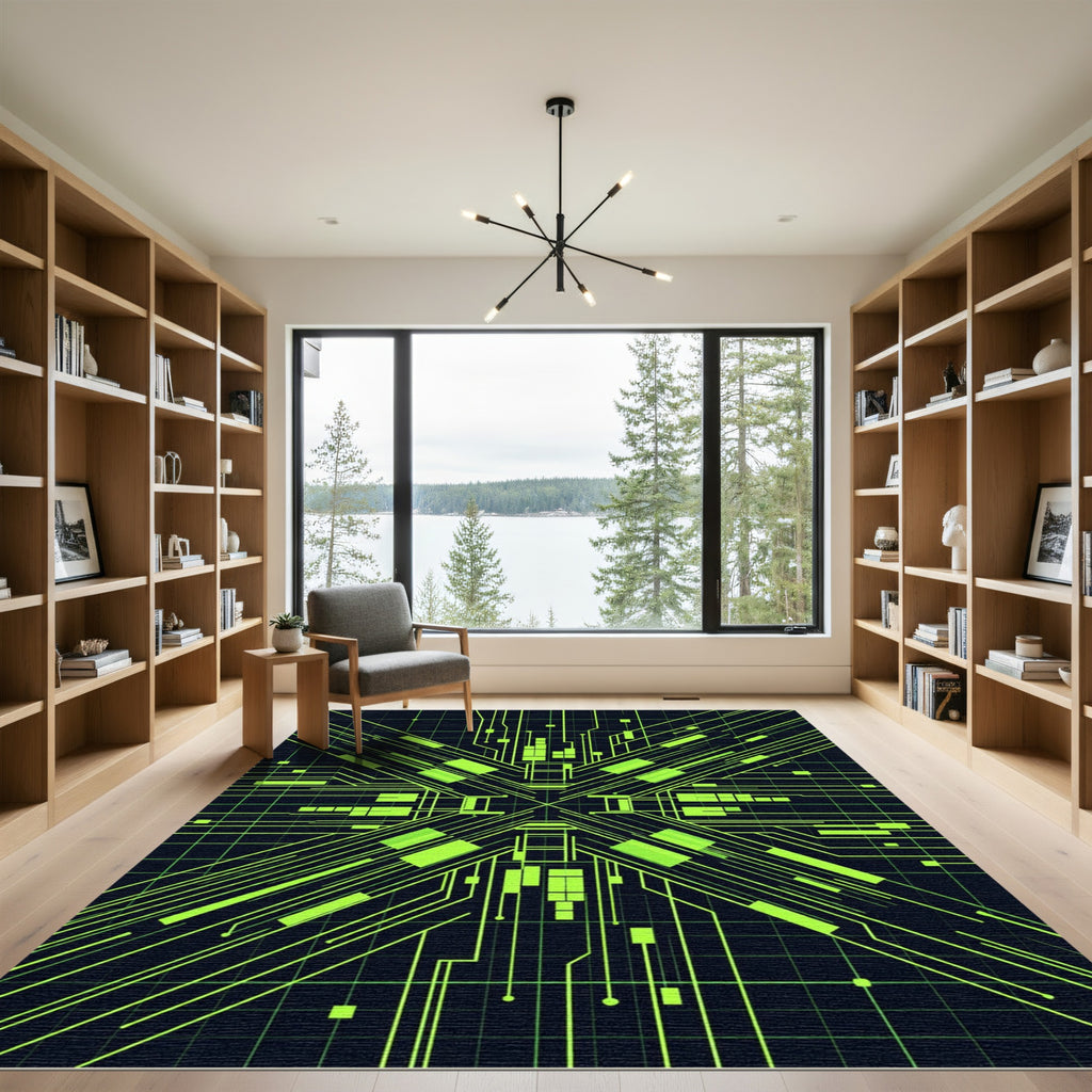 Neon Cyberpunk Circuit Grid Art Rug