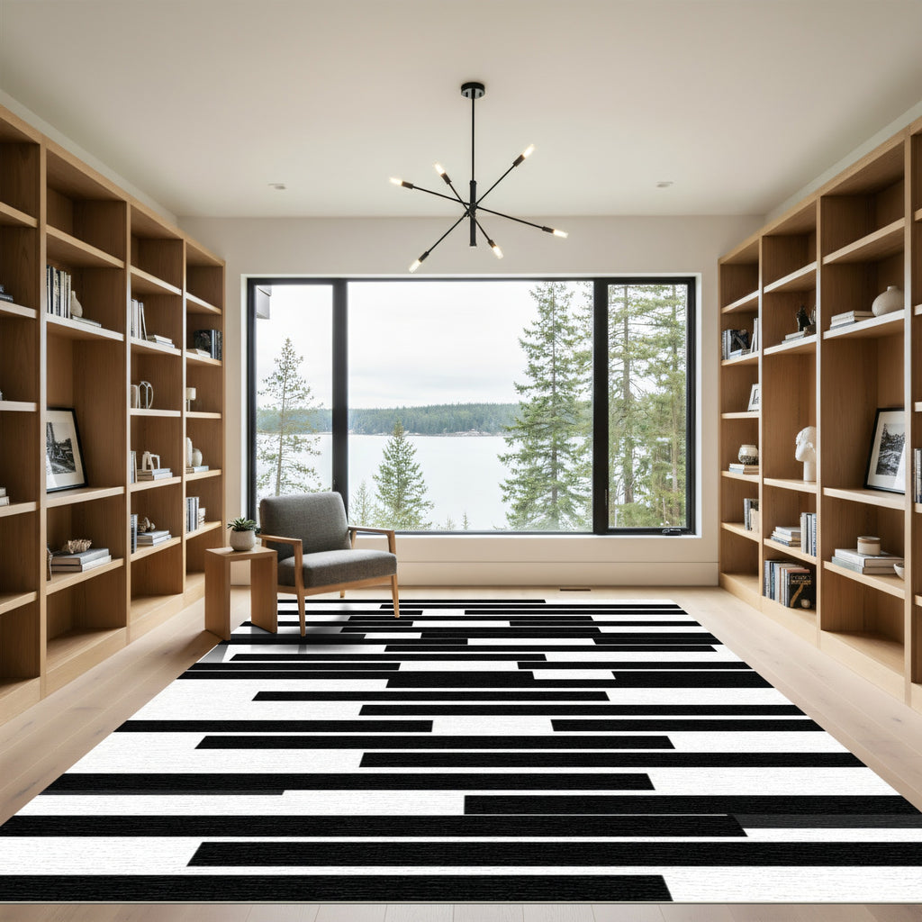 Contemporary Black And White Stripe Rug