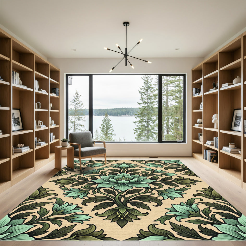 Elegant Sage Floral Damask Rug