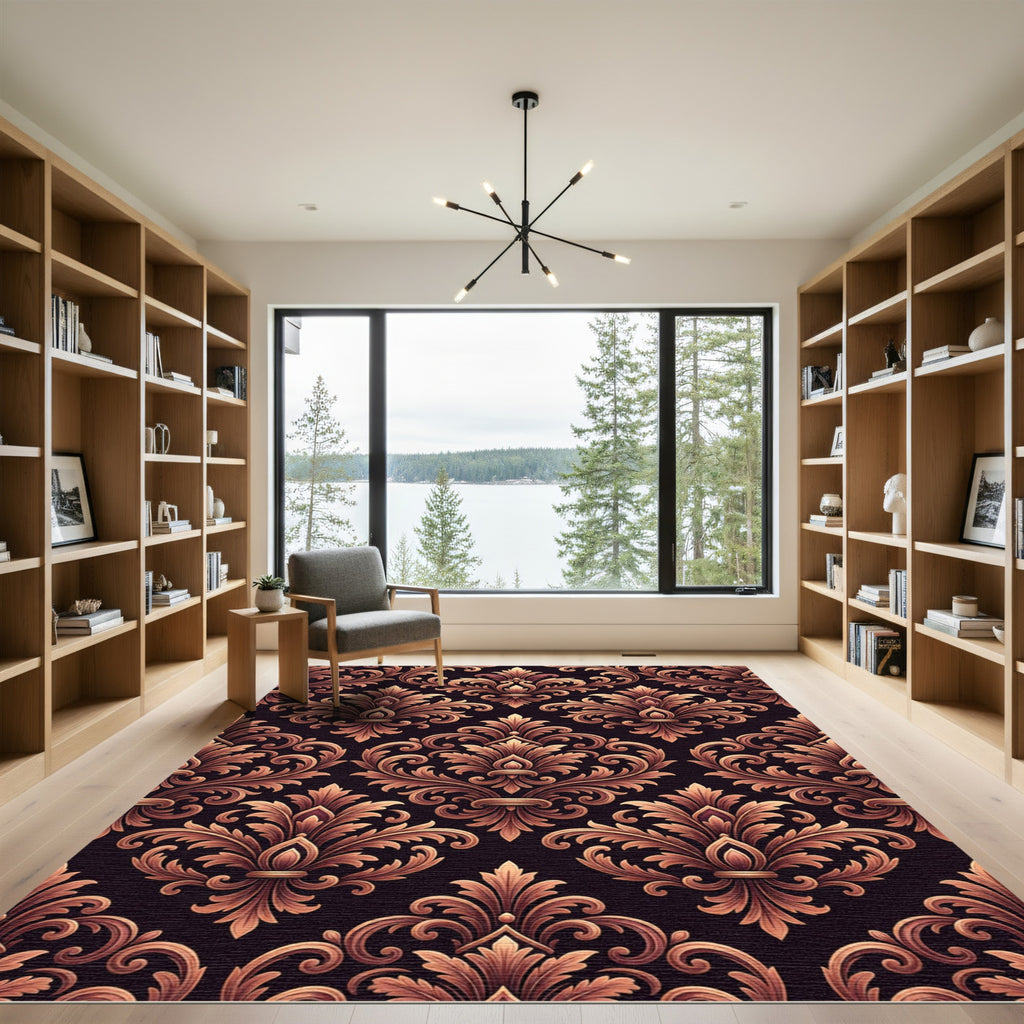Ornate Gold Baroque Damask Rug