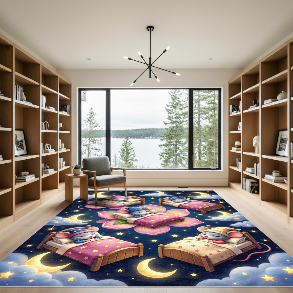 Whimsical Sleeping Mice Starry Moon Night Rug