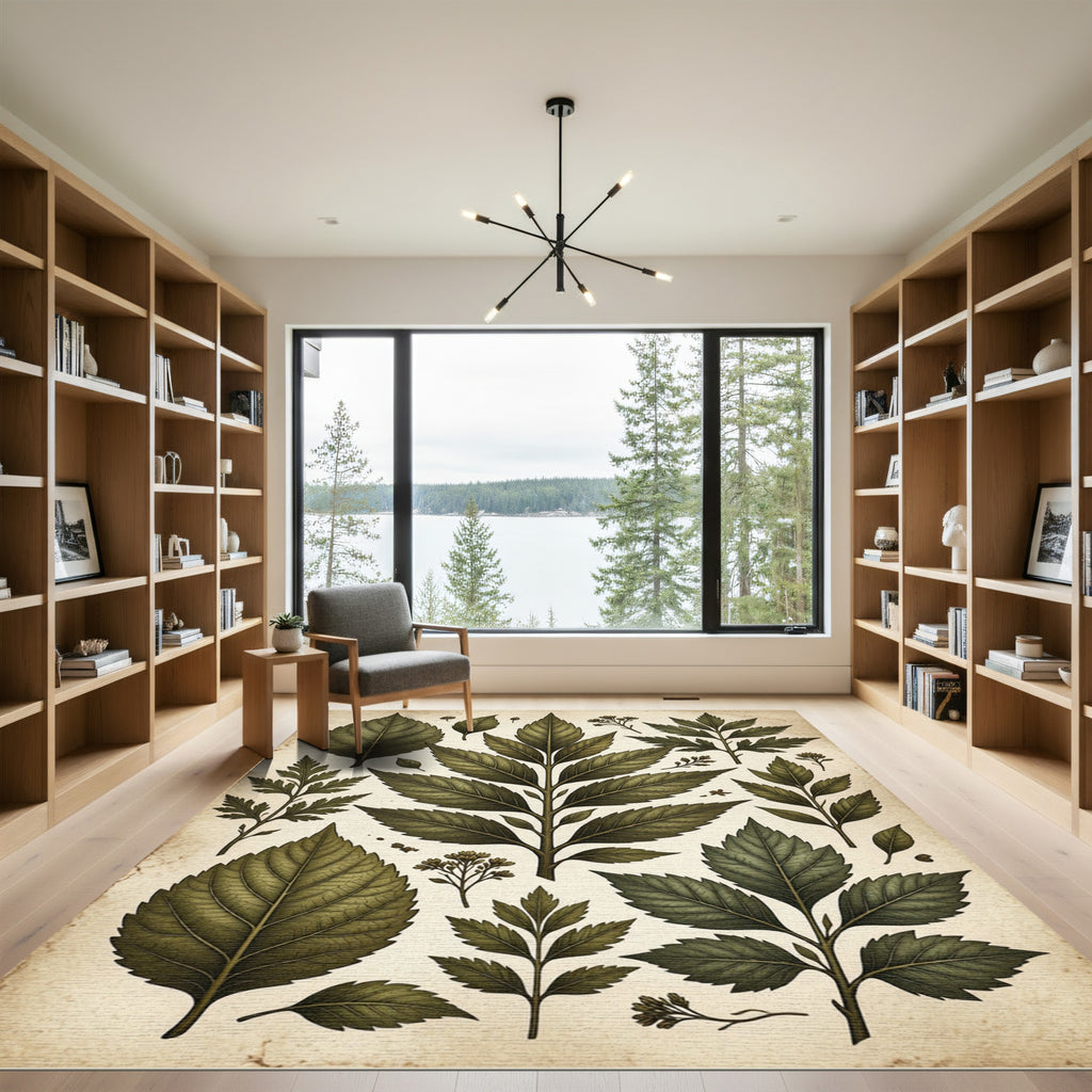 Vintage Green Leaf Botanical Composition Rug