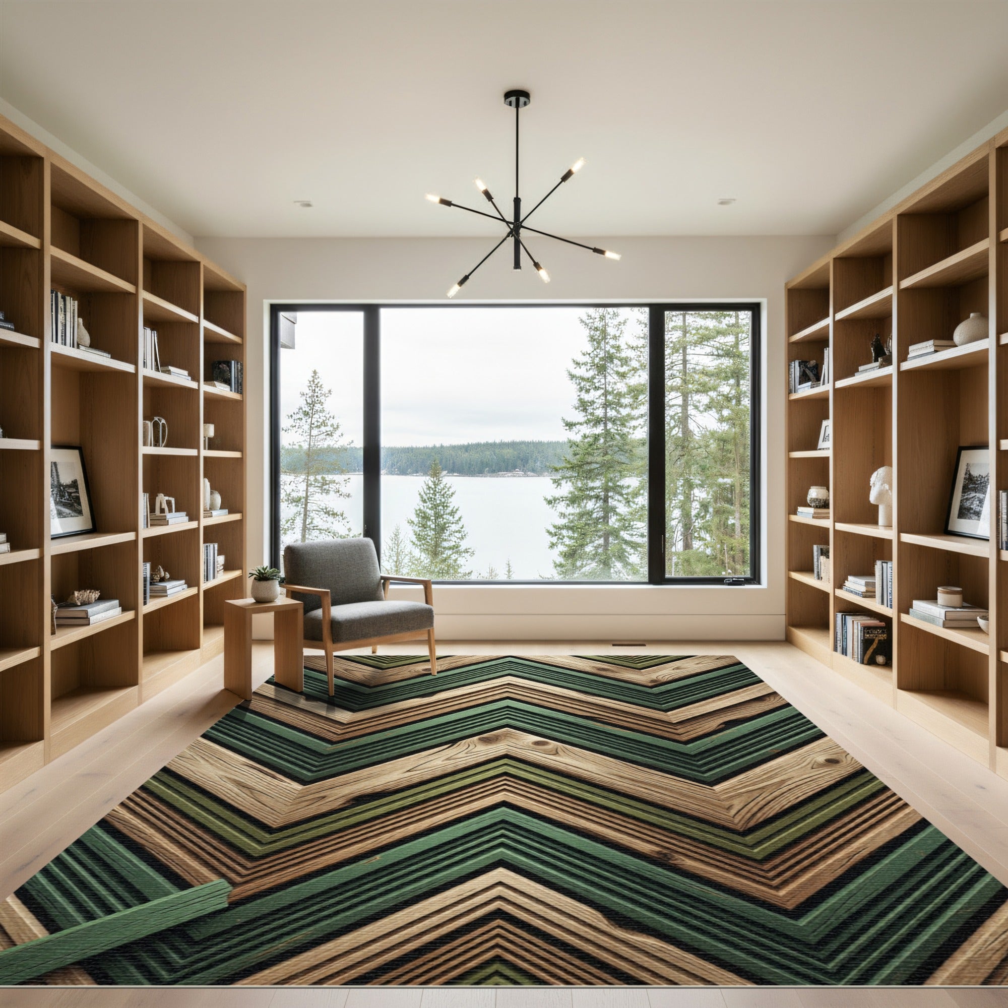 Green Wood Grain Chevron Layers Rug