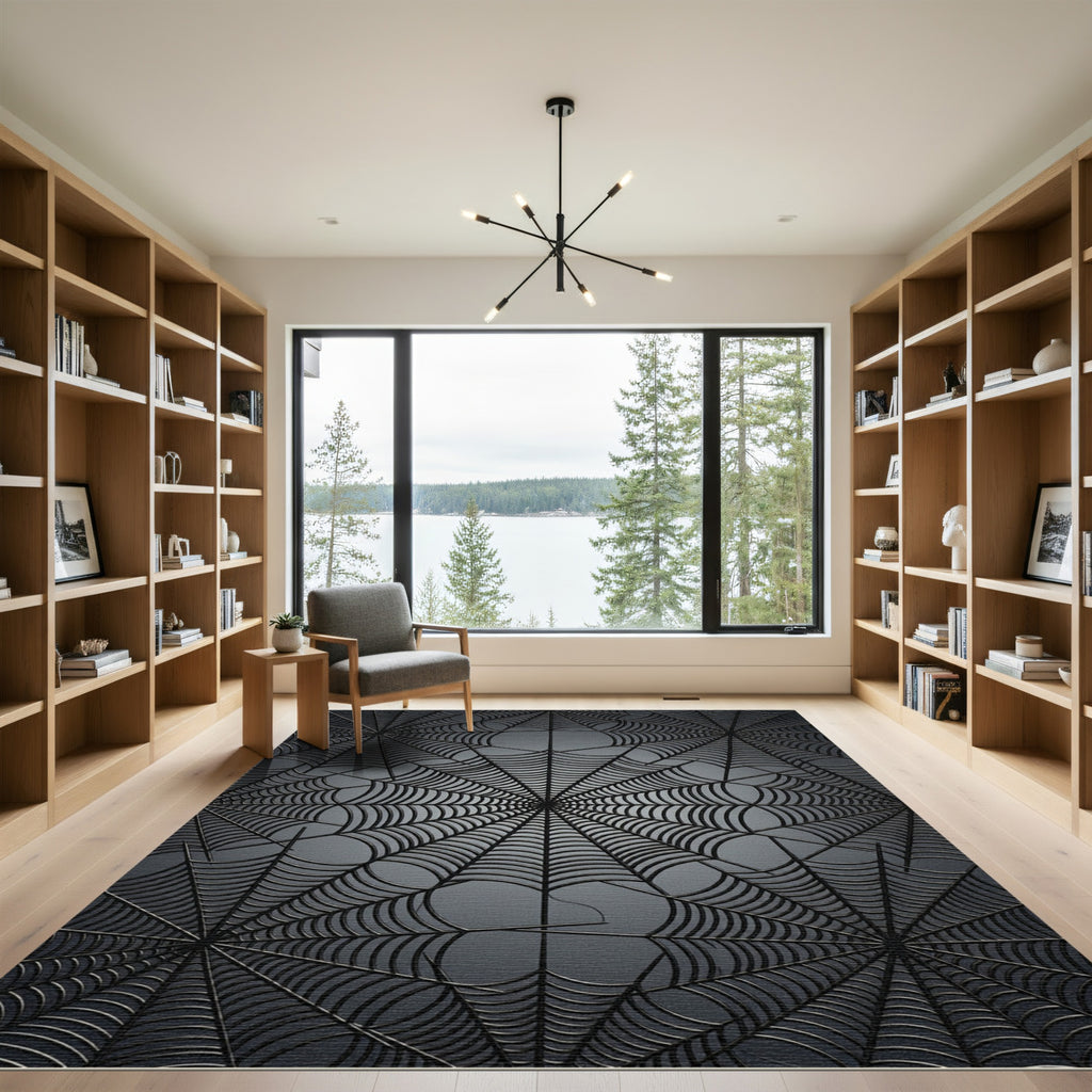 Dark Grey Spiderwebs Geometric Rug
