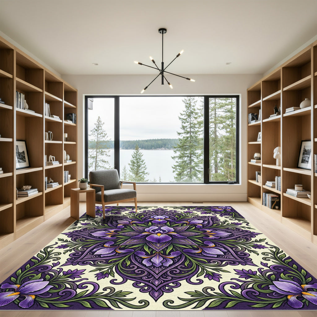 Ornate Purple Iris Floral Mandala Rug