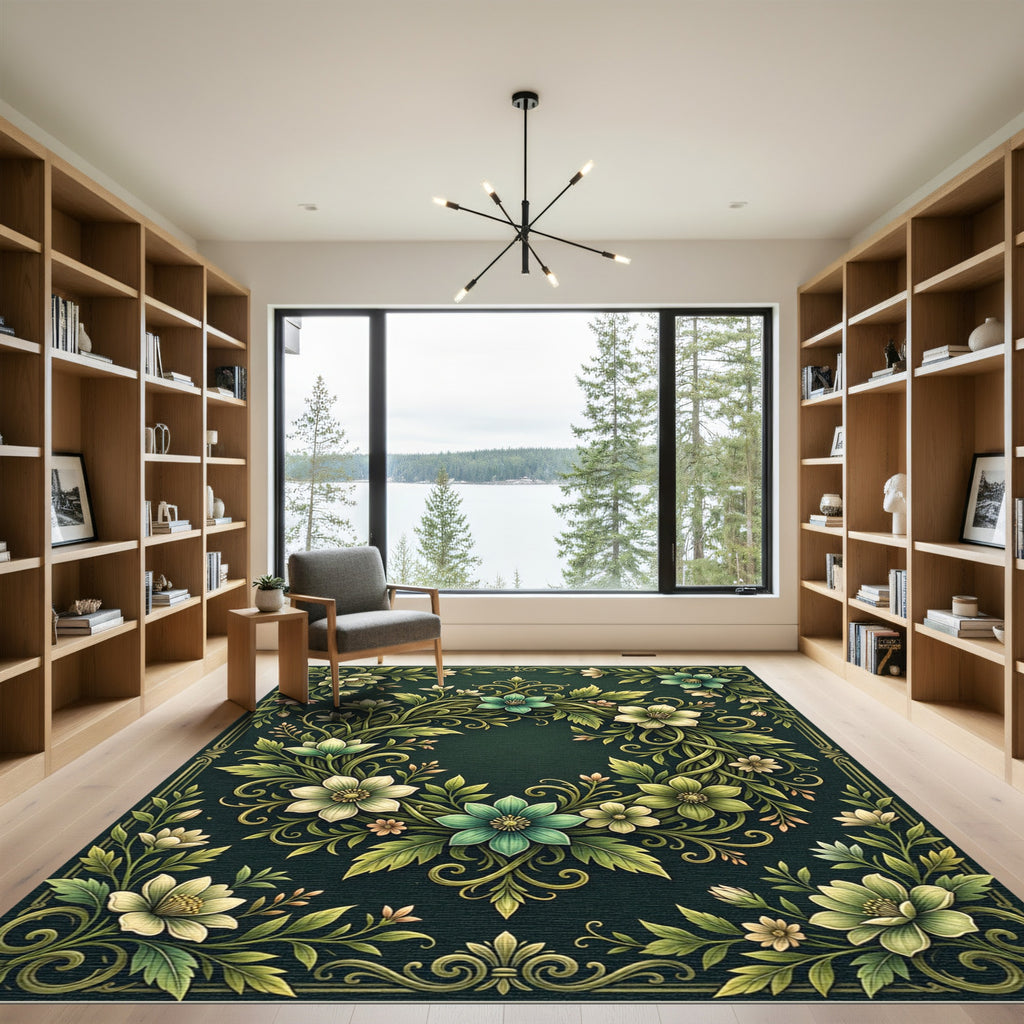 Botanical Sage Green Floral Wreath Rug