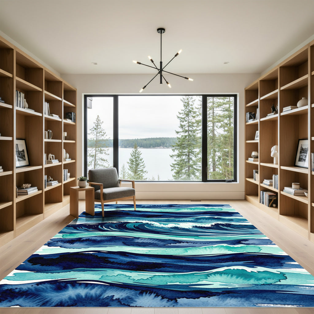 Watercolor Navy Blue And Teal Waves Rug