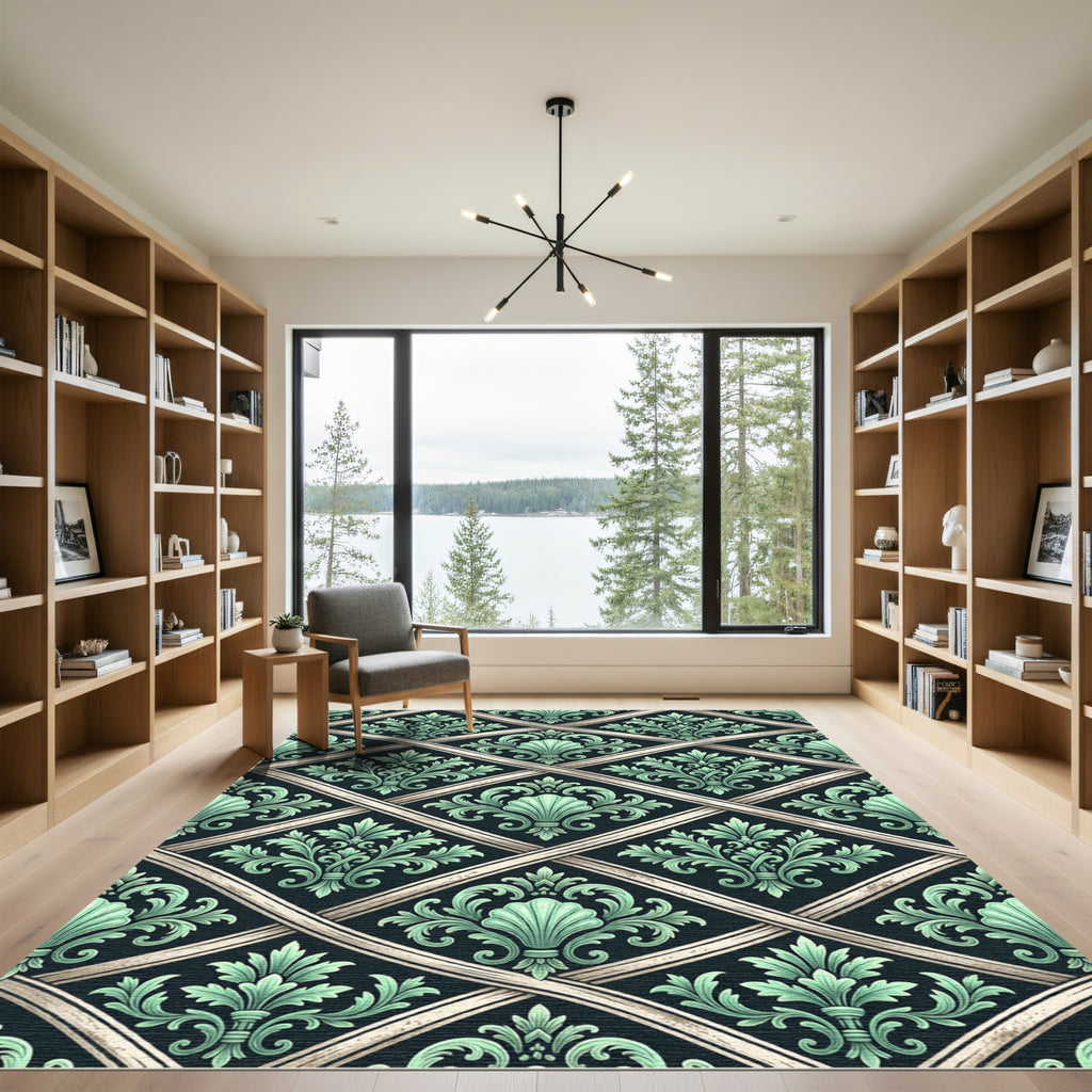 Elegant Jade Damask Lattice Scroll Rug
