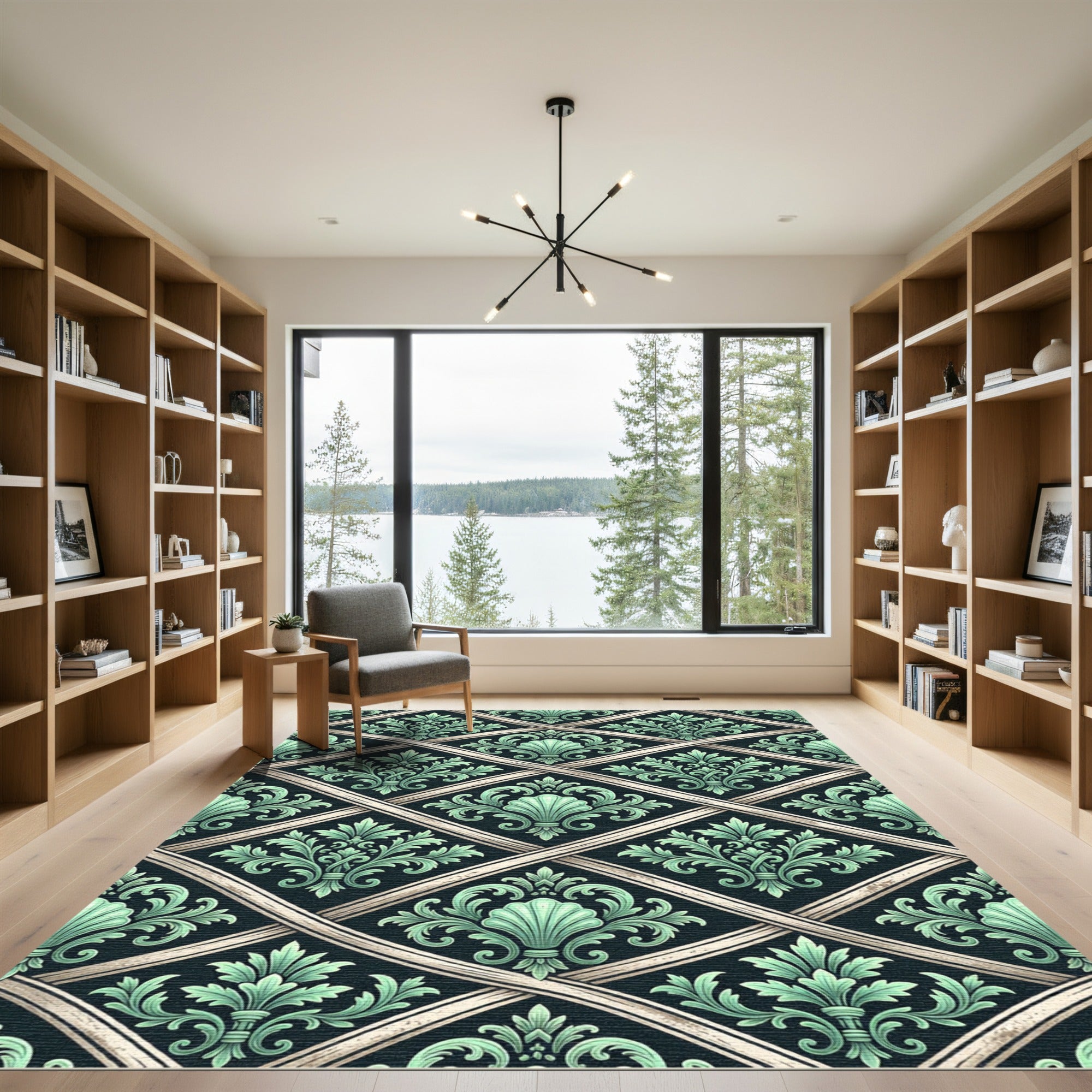 Elegant Jade Damask Lattice Scroll Rug