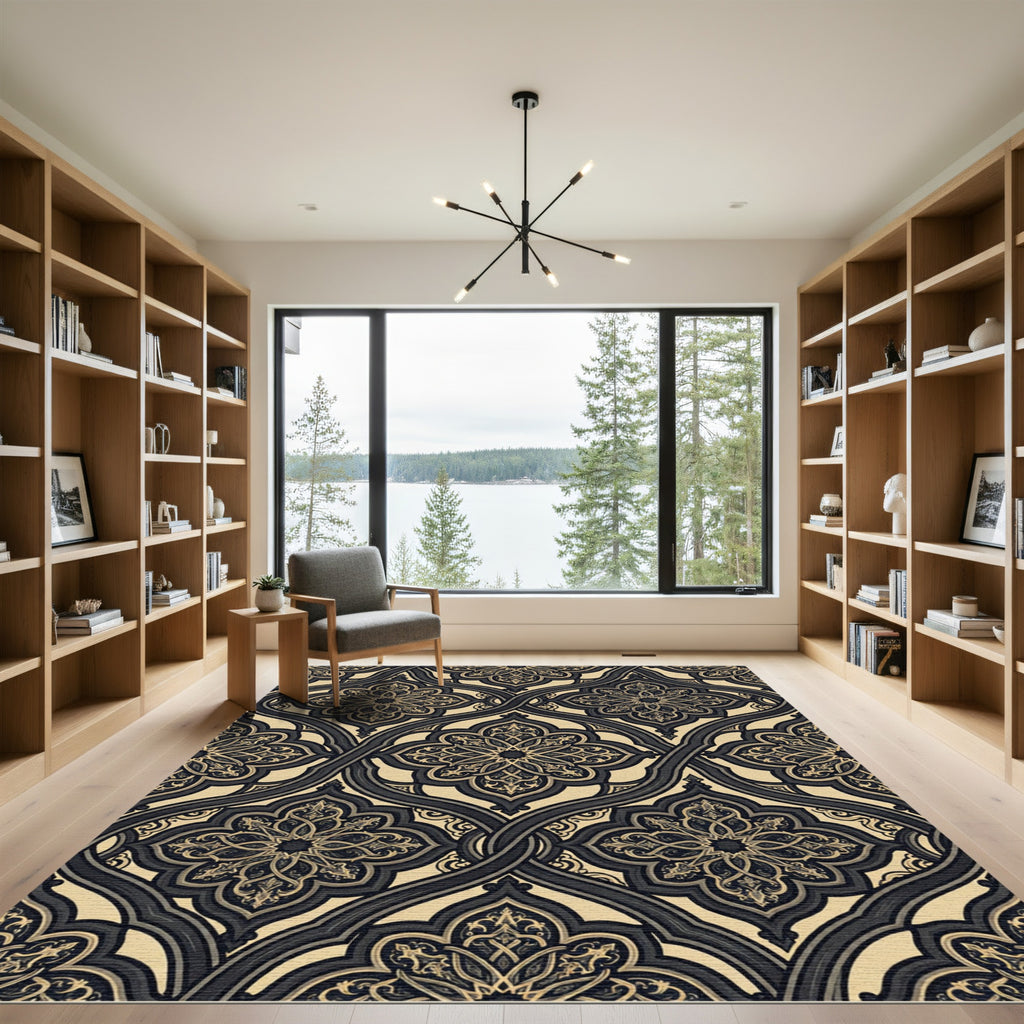 Ornate Gold and Charcoal Arabesque Trellis Rug