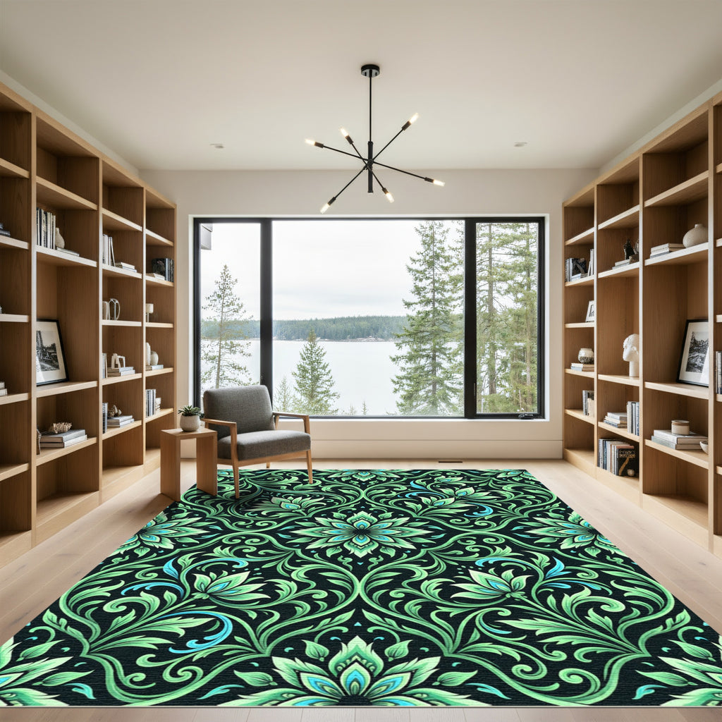 Emerald Green Floral Scrollwork Rug