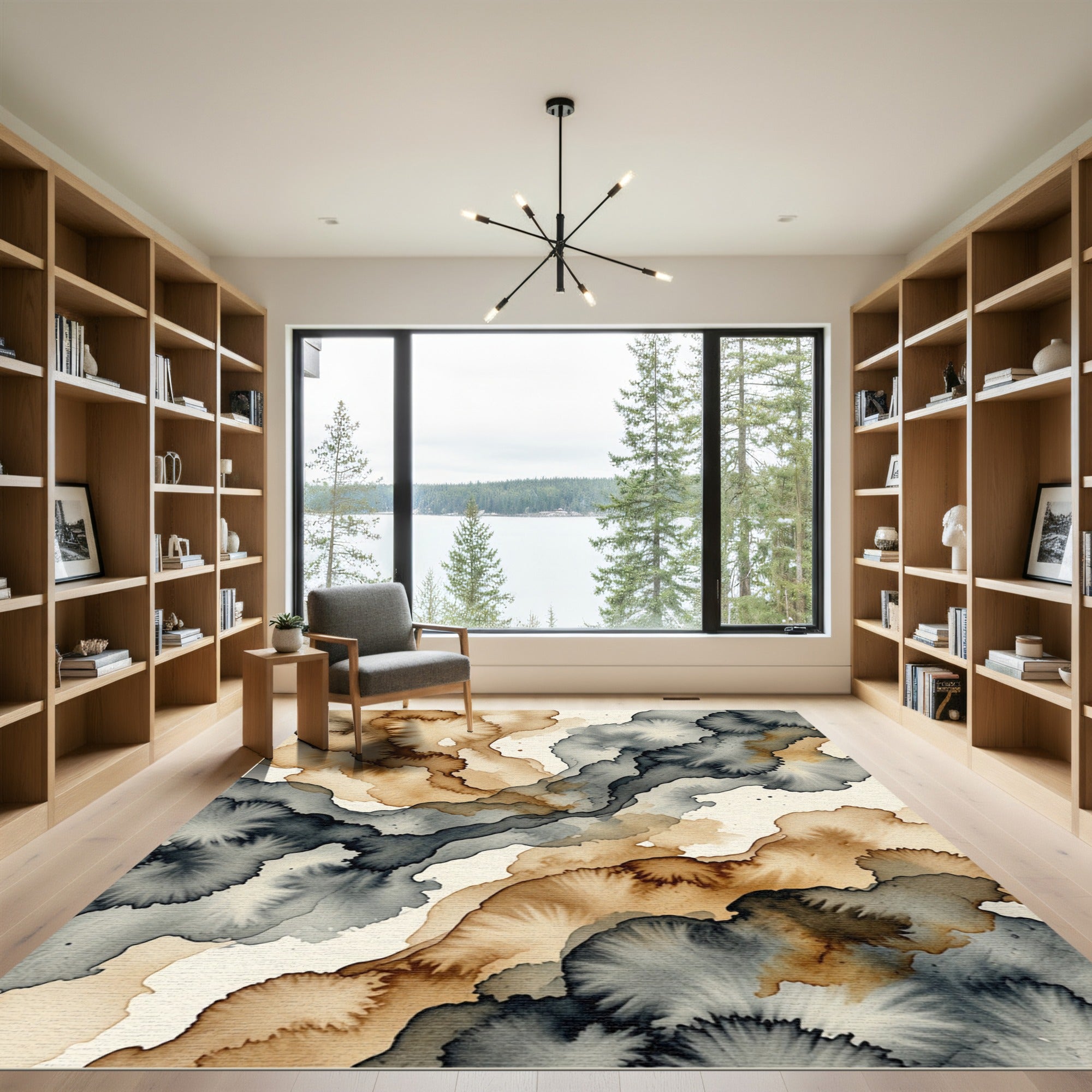 Abstract Ink Wash Gray Ochre Waves Rug