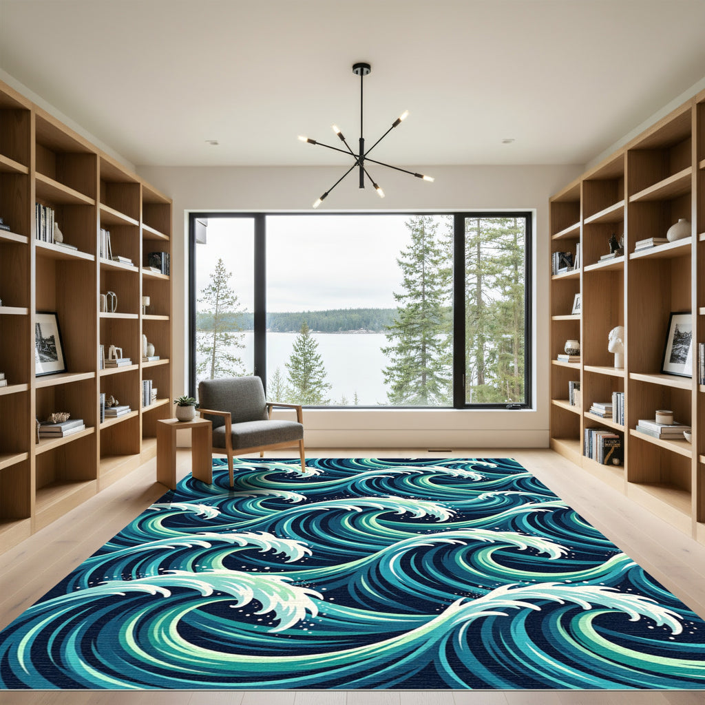 Deep Teal Ocean Swirl Waves Rug