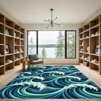 Deep Teal Ocean Swirl Waves Rug