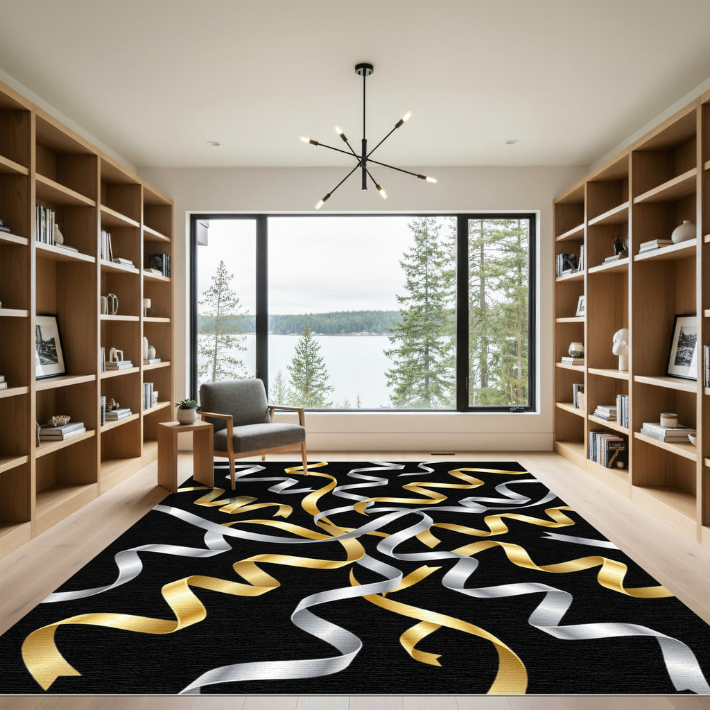 Elegant Gold and Silver Swirling Ribbons Rug
