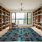 Art Deco Geometric Teal Silver Grid Rug