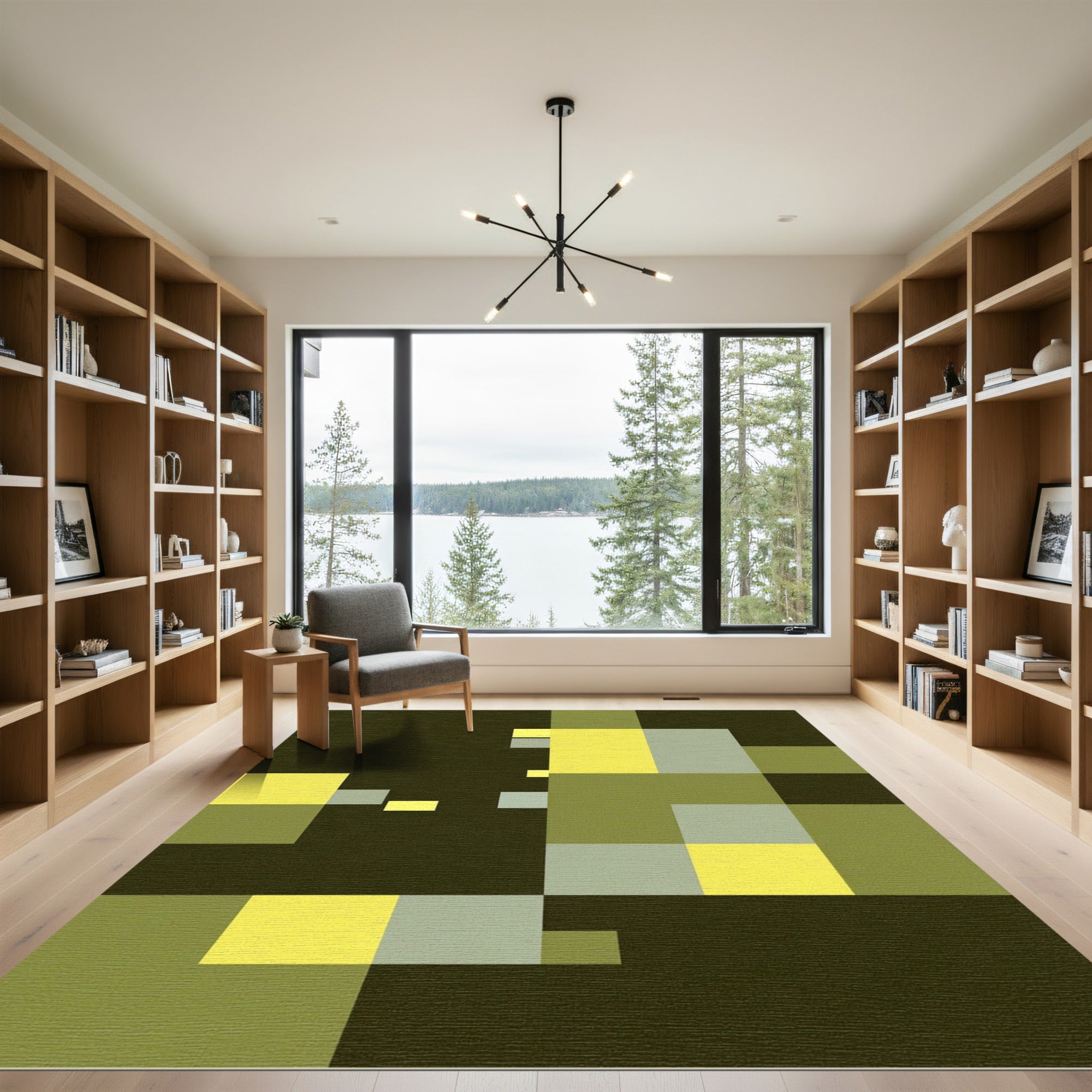 Abstract Yellow Gray Block Composition Rug