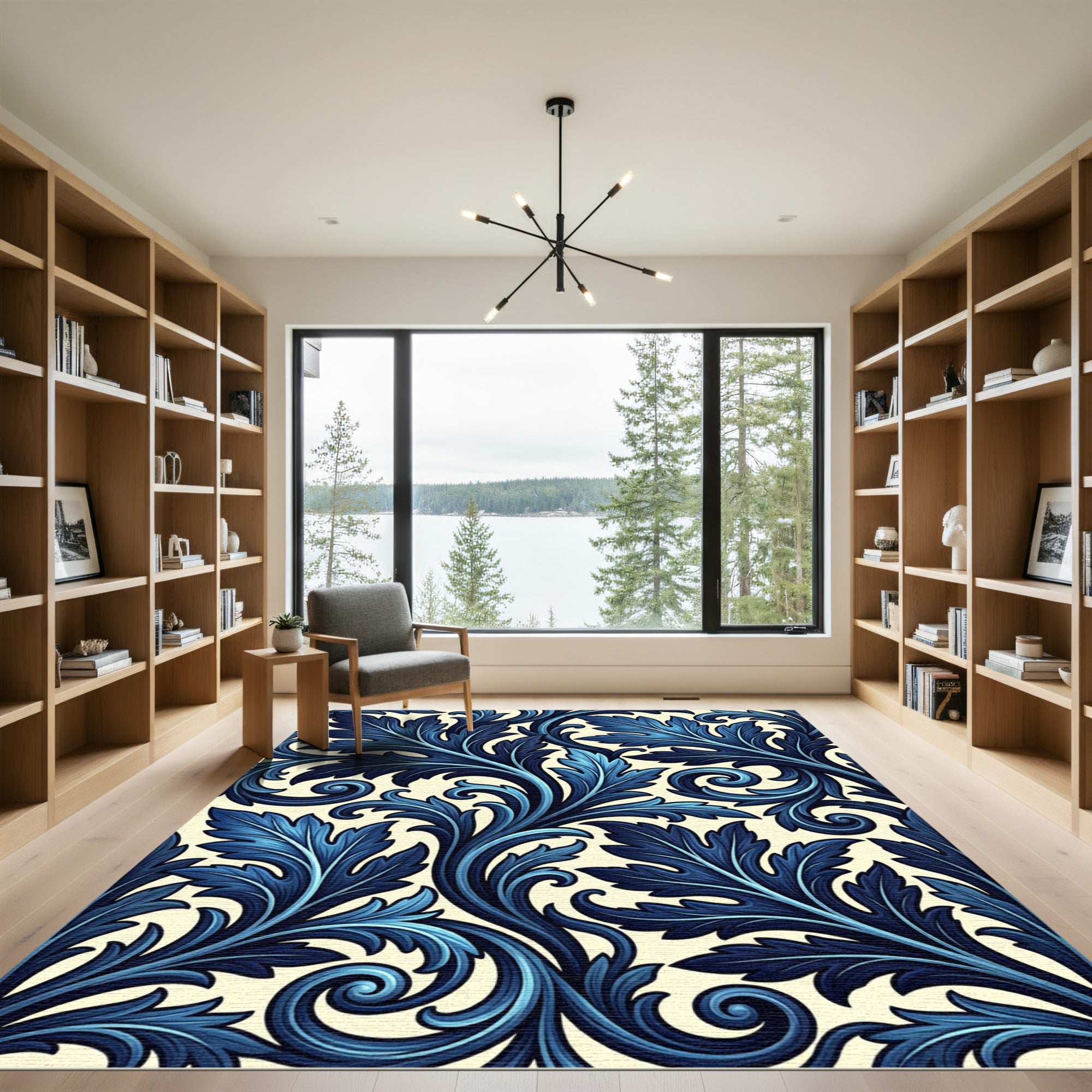 Deep Blue Floral Swirl Vine Rug