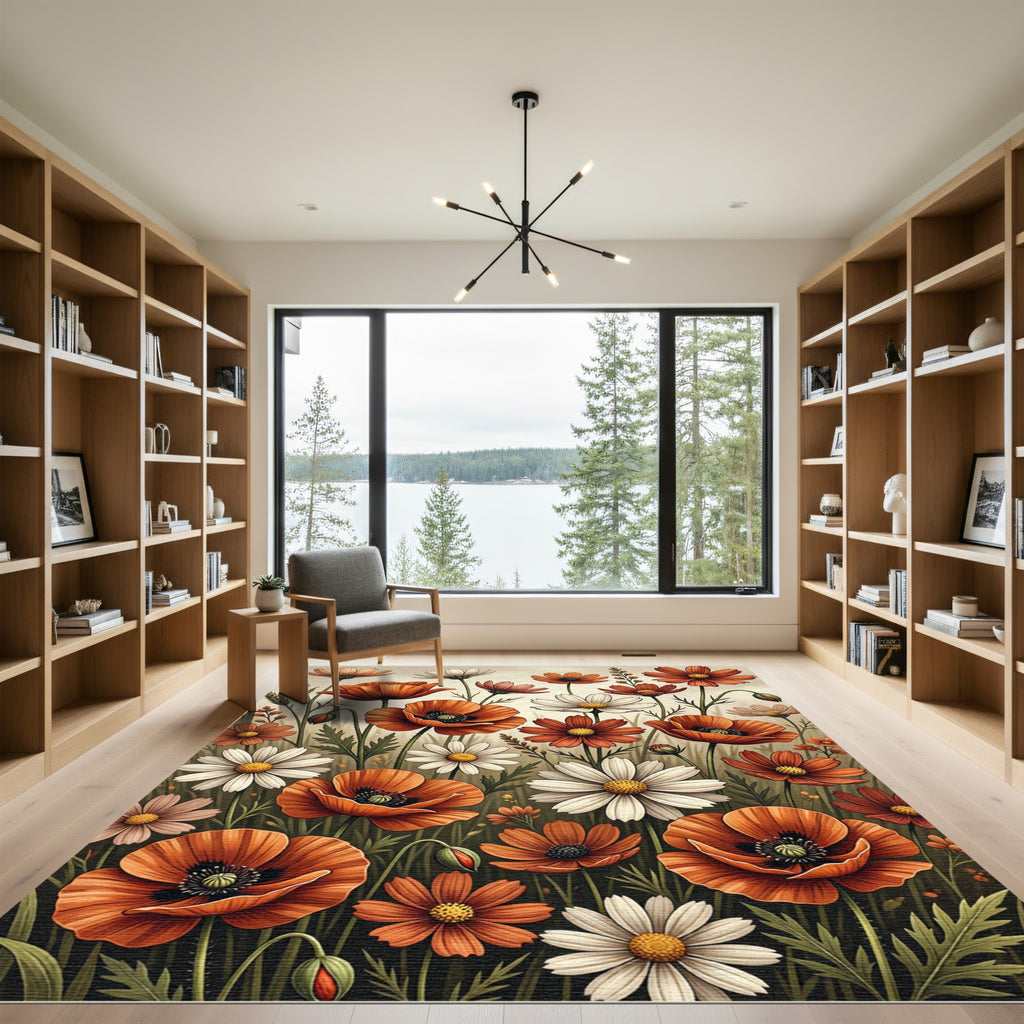 Cheerful Autumn Poppy and Daisy Meadow Rug