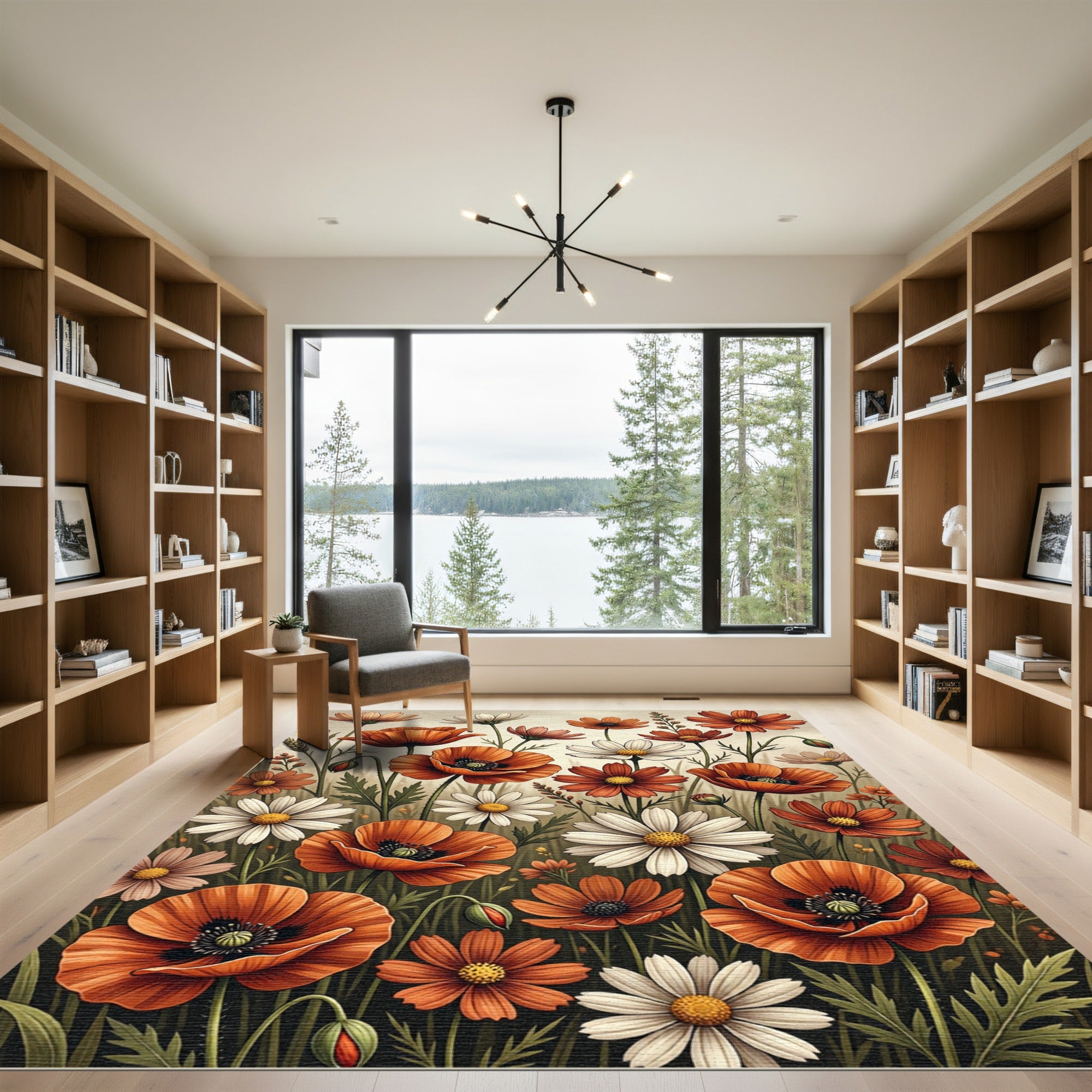 Cheerful Autumn Poppy and Daisy Meadow Rug