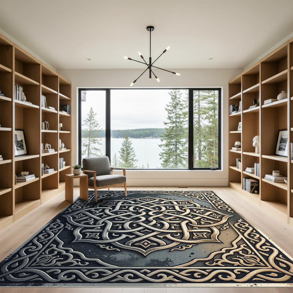 Intricate Metallic Silver Gold Interlocking Knot Rug