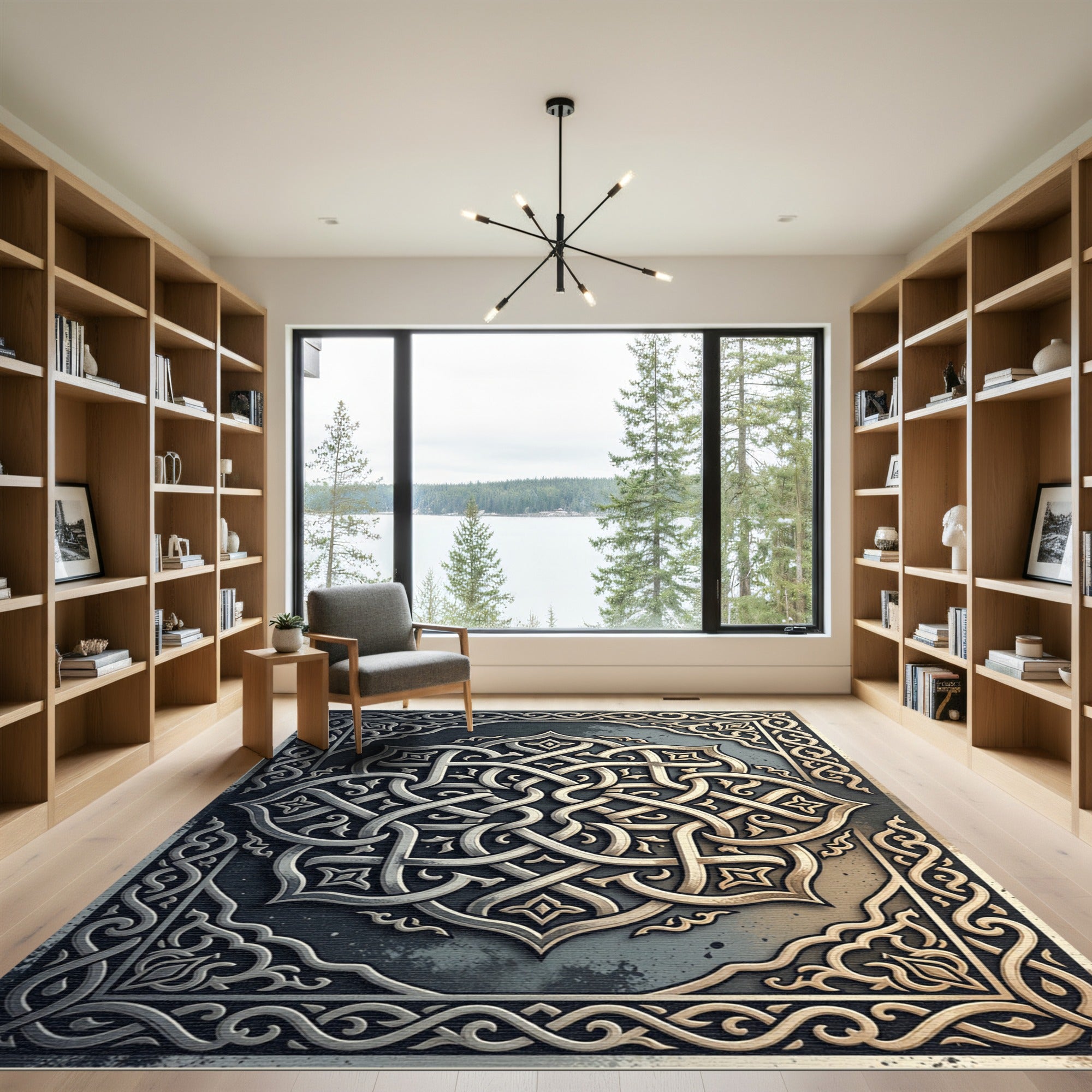 Intricate Metallic Silver Gold Interlocking Knot Rug