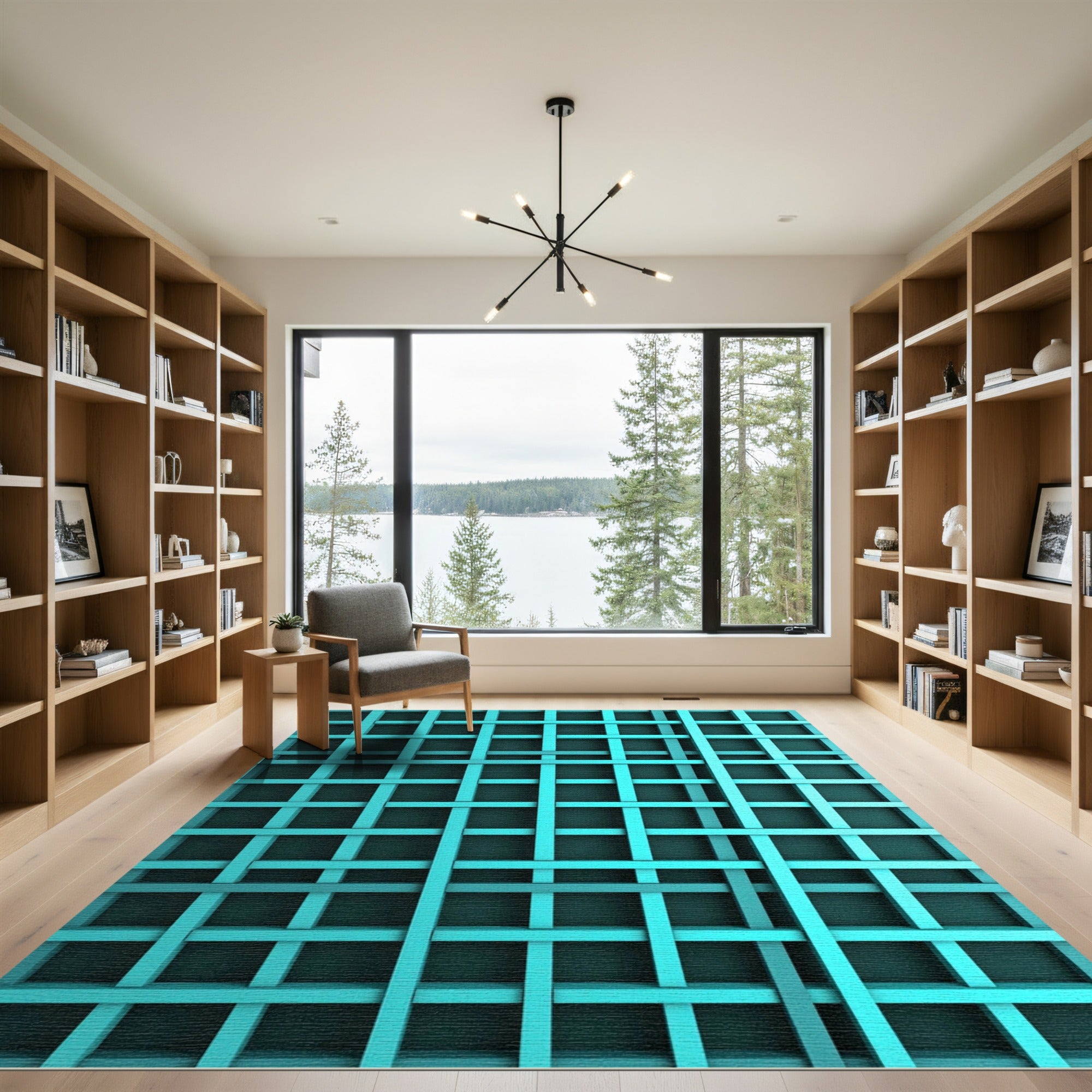 Cyan Geometric Grid Contemporary Rug