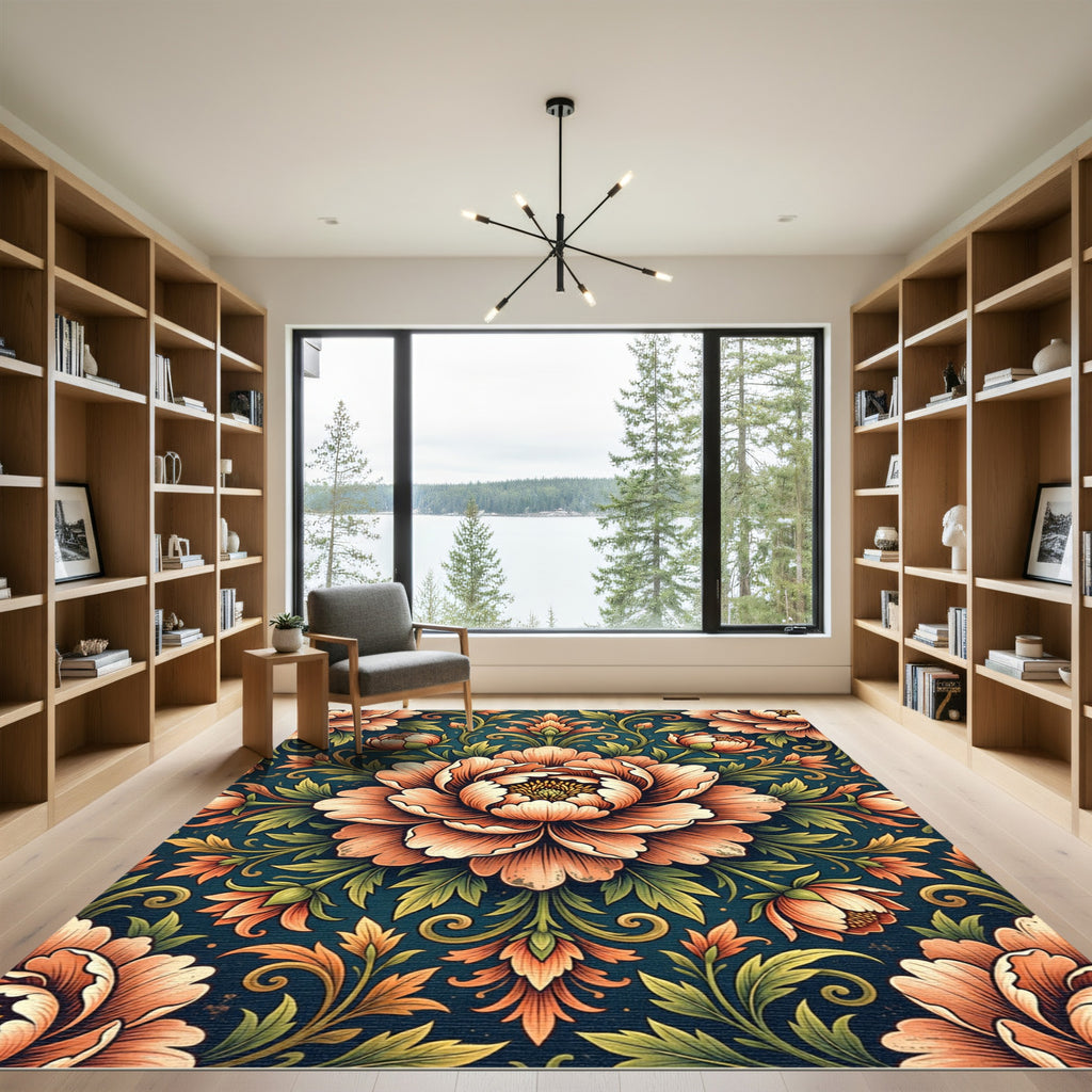 Elegant Peach Peony Floral Damask Rug