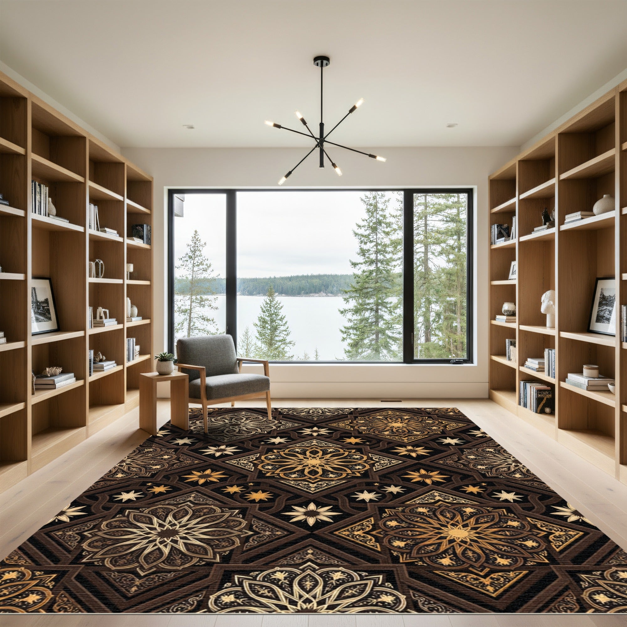 Golden Floral Mandala Geometric Dark Backdrop Rug