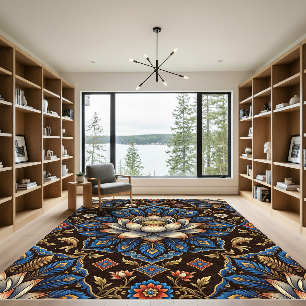 Luminous Gold Lotus Peacock Feather Tapestry Rug