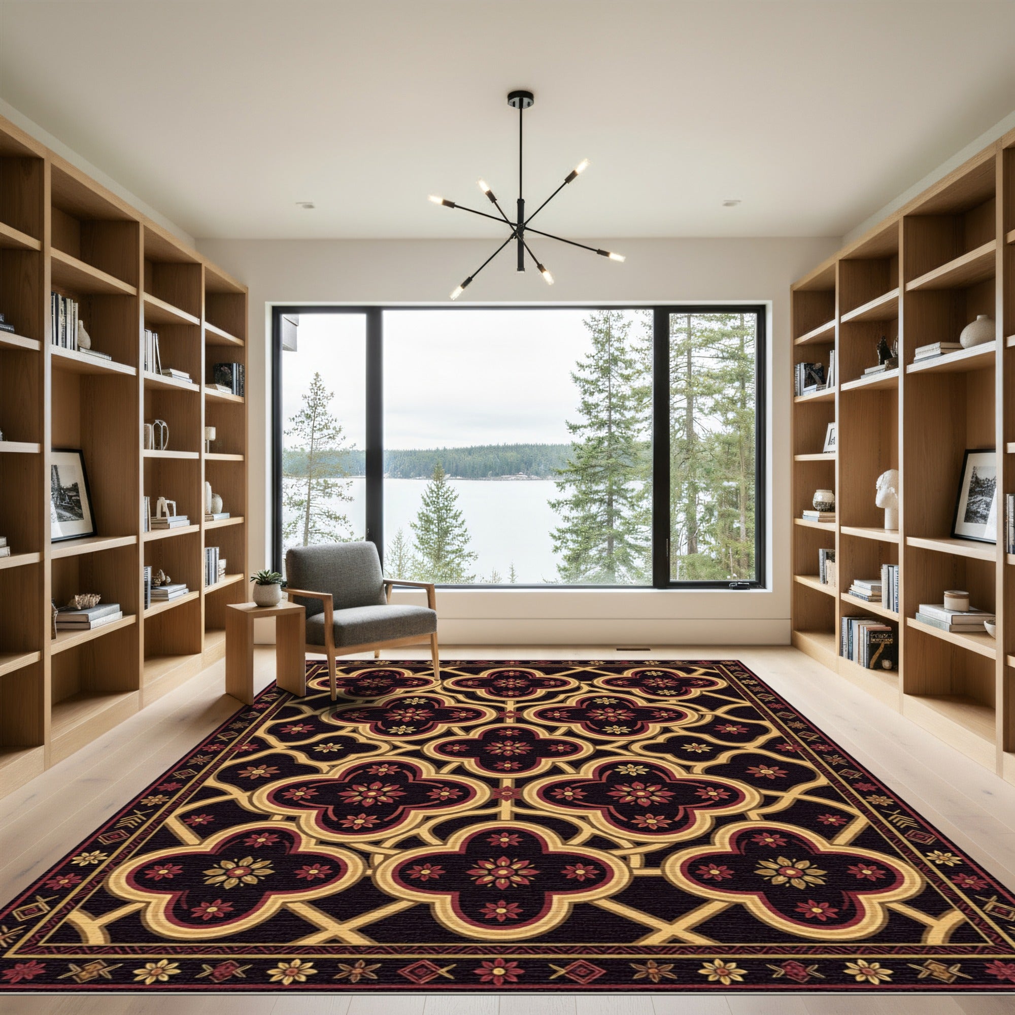 Crimson Gold Quatrefoil Floral Border Rug