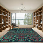 Deep Teal Red Octagon Floral Pattern Rug