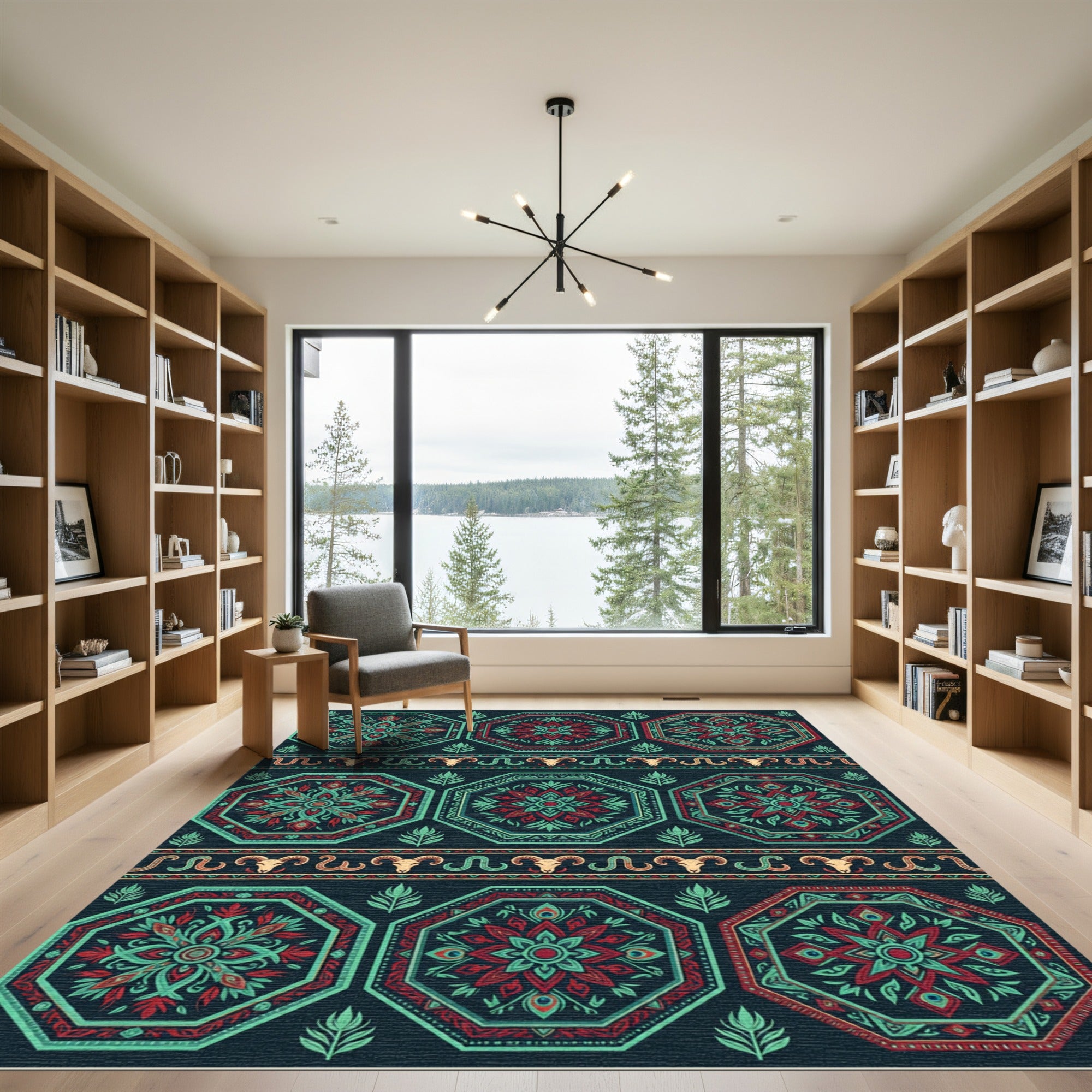 Deep Teal Red Octagon Floral Pattern Rug