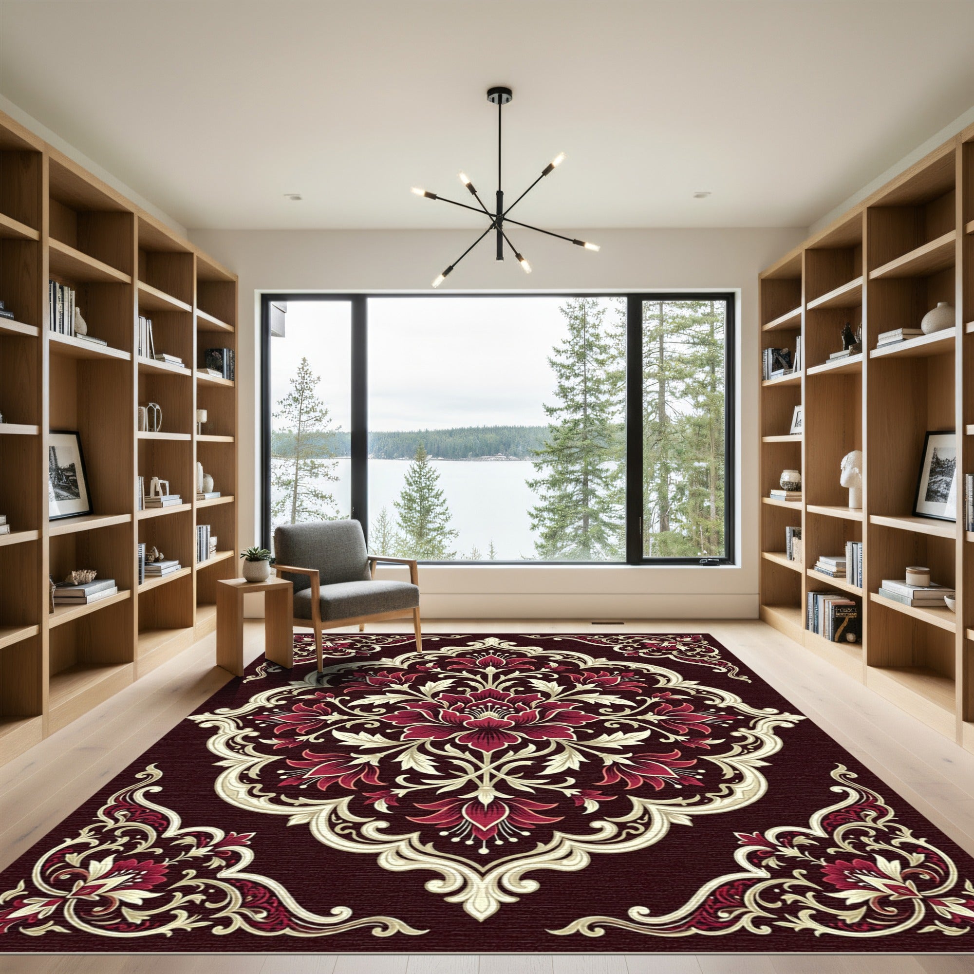 Elegant Crimson Floral Art Nouveau Arrangement Rug