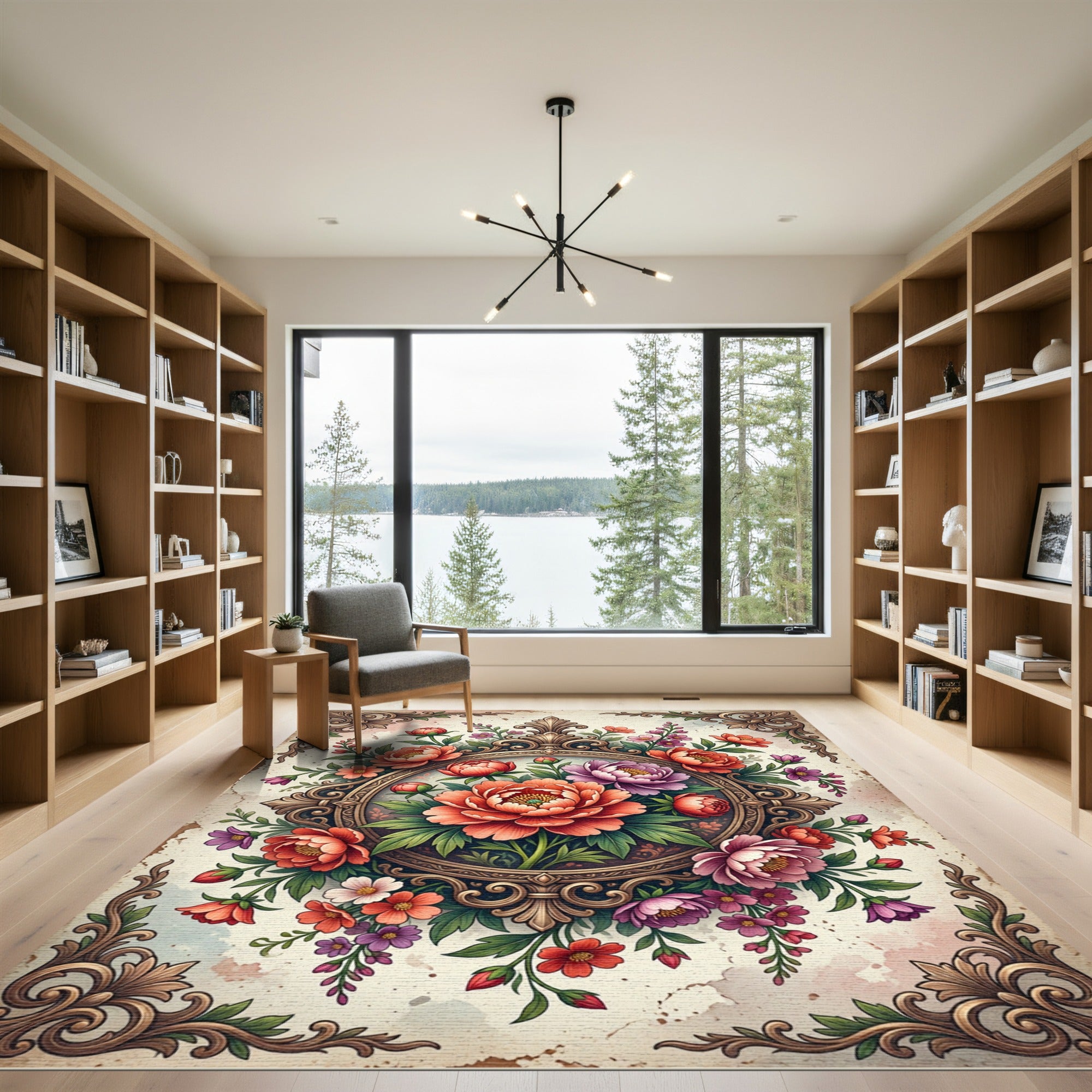 Ornate Baroque Peony Bouquet Medallion Rug