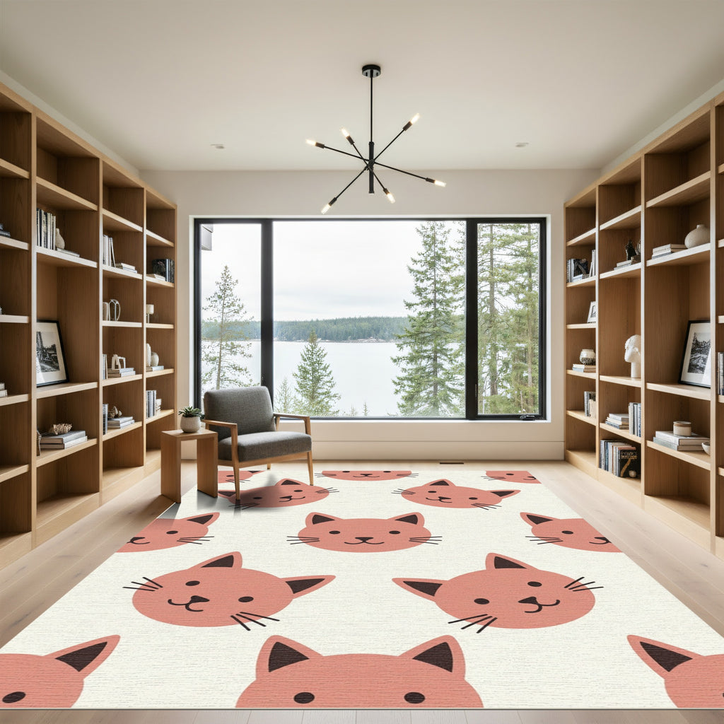 Playful Coral Cat Face Repeat Rug