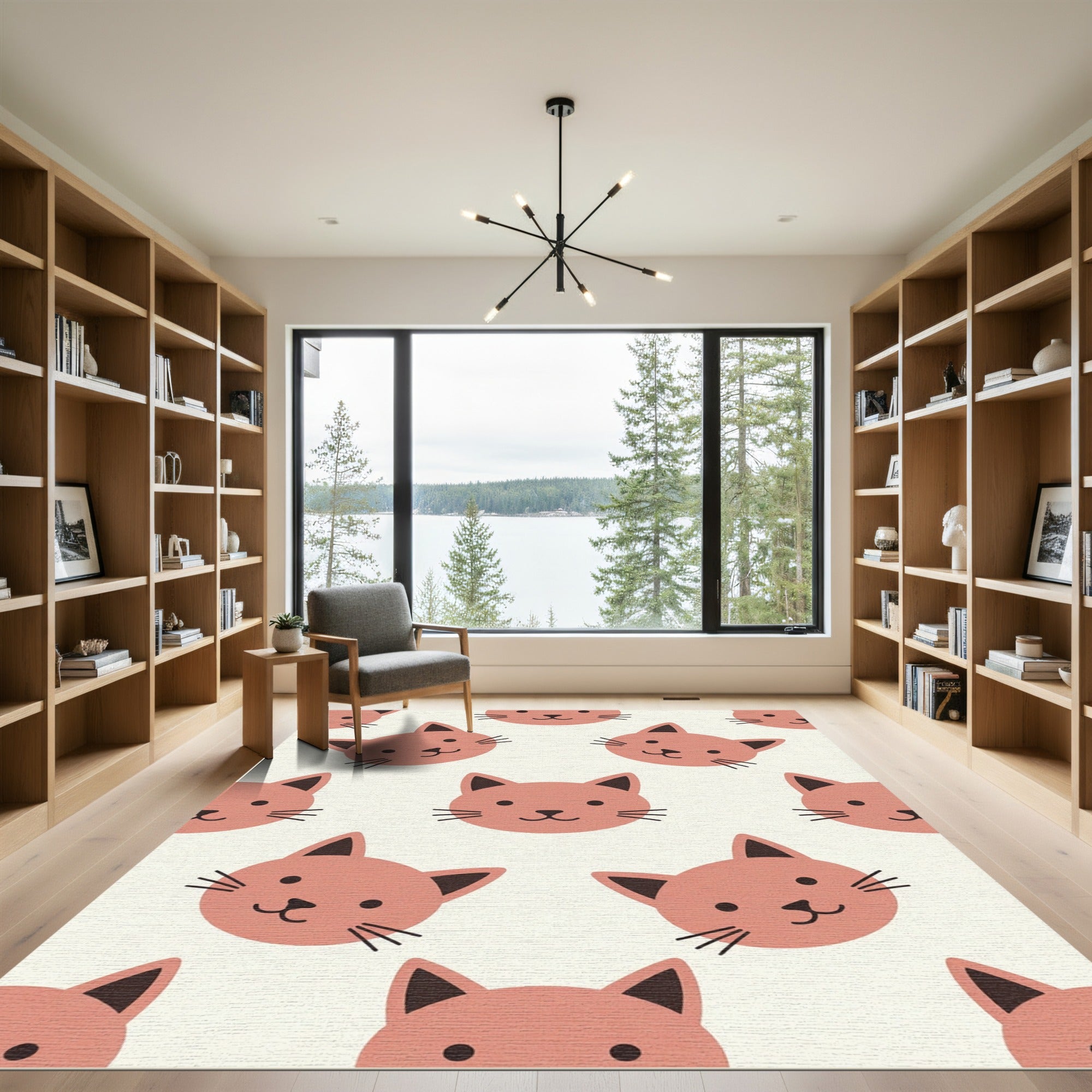 Playful Coral Cat Face Repeat Rug