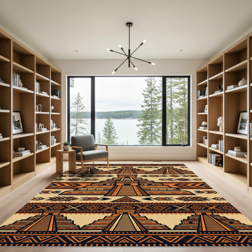 Aztec Terracotta Geometric Step Pyramid Rug