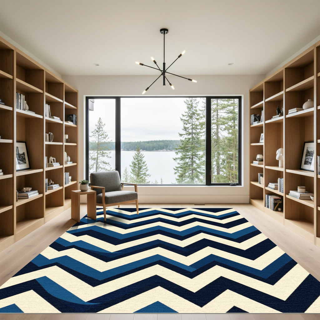Navy and Cream Chevron Geometric Rug