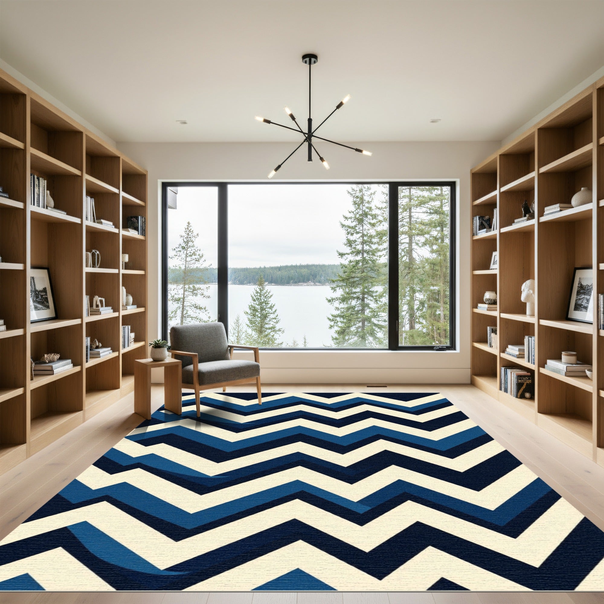 Navy and Cream Chevron Geometric Rug