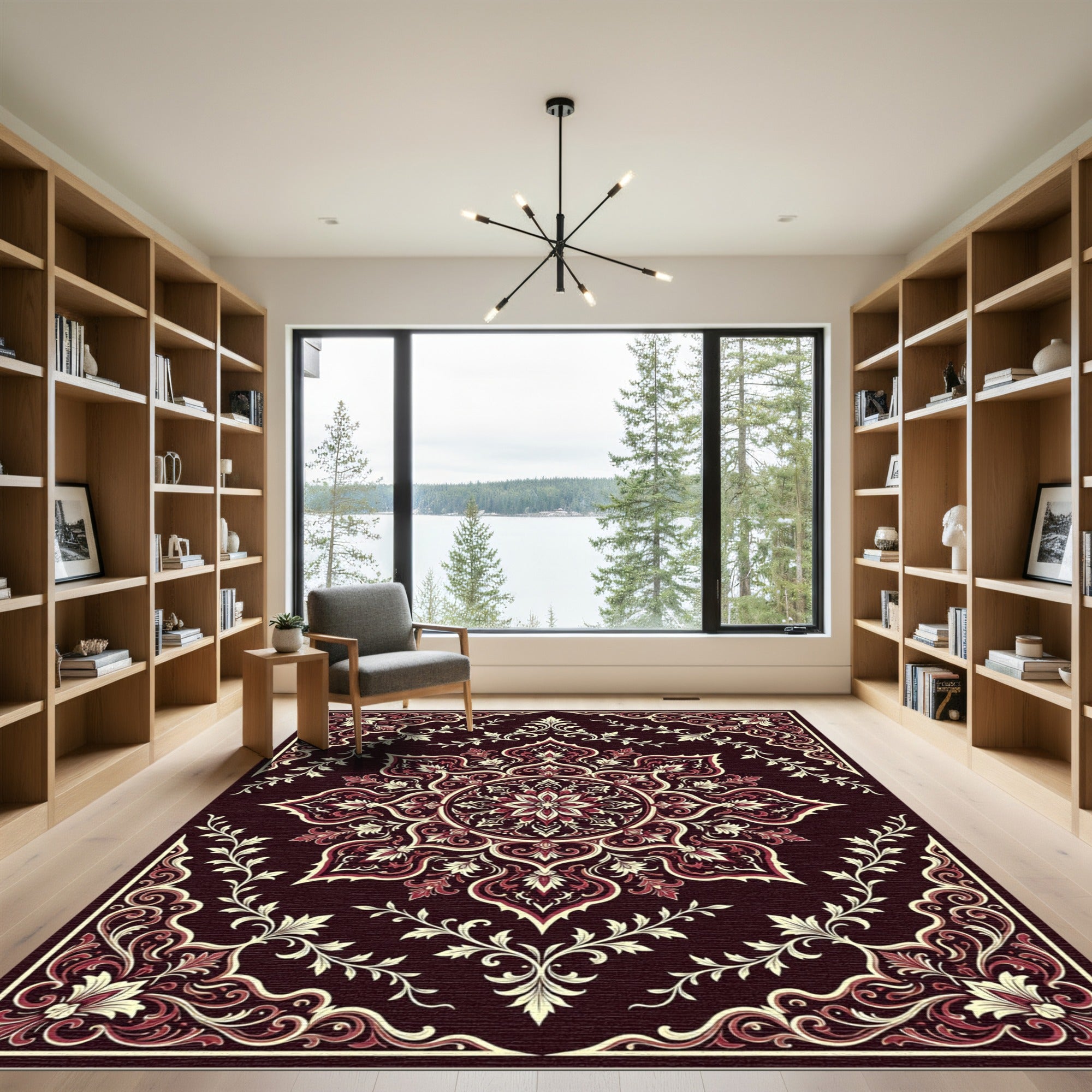 Dark Burgundy Floral Medallion Scroll Rug