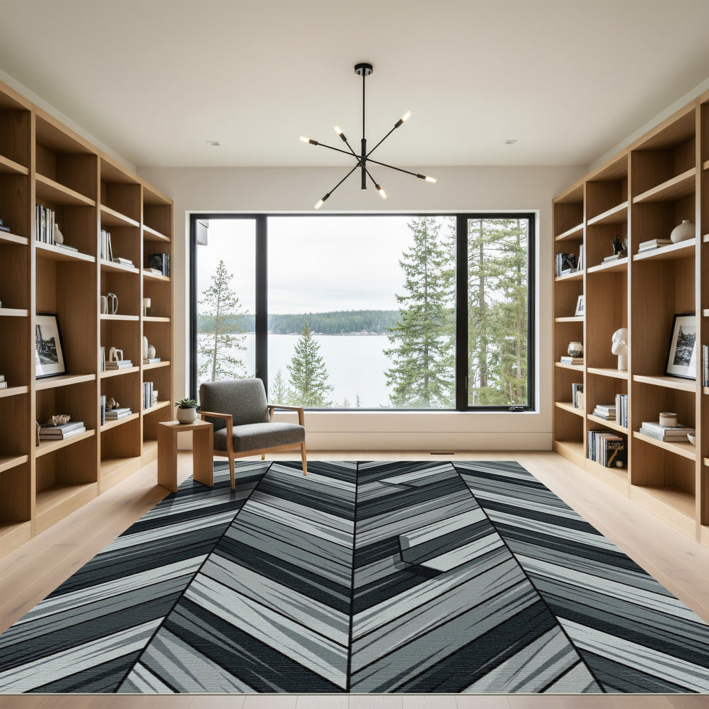 Modern Gray Herringbone Geometric Plank Rug