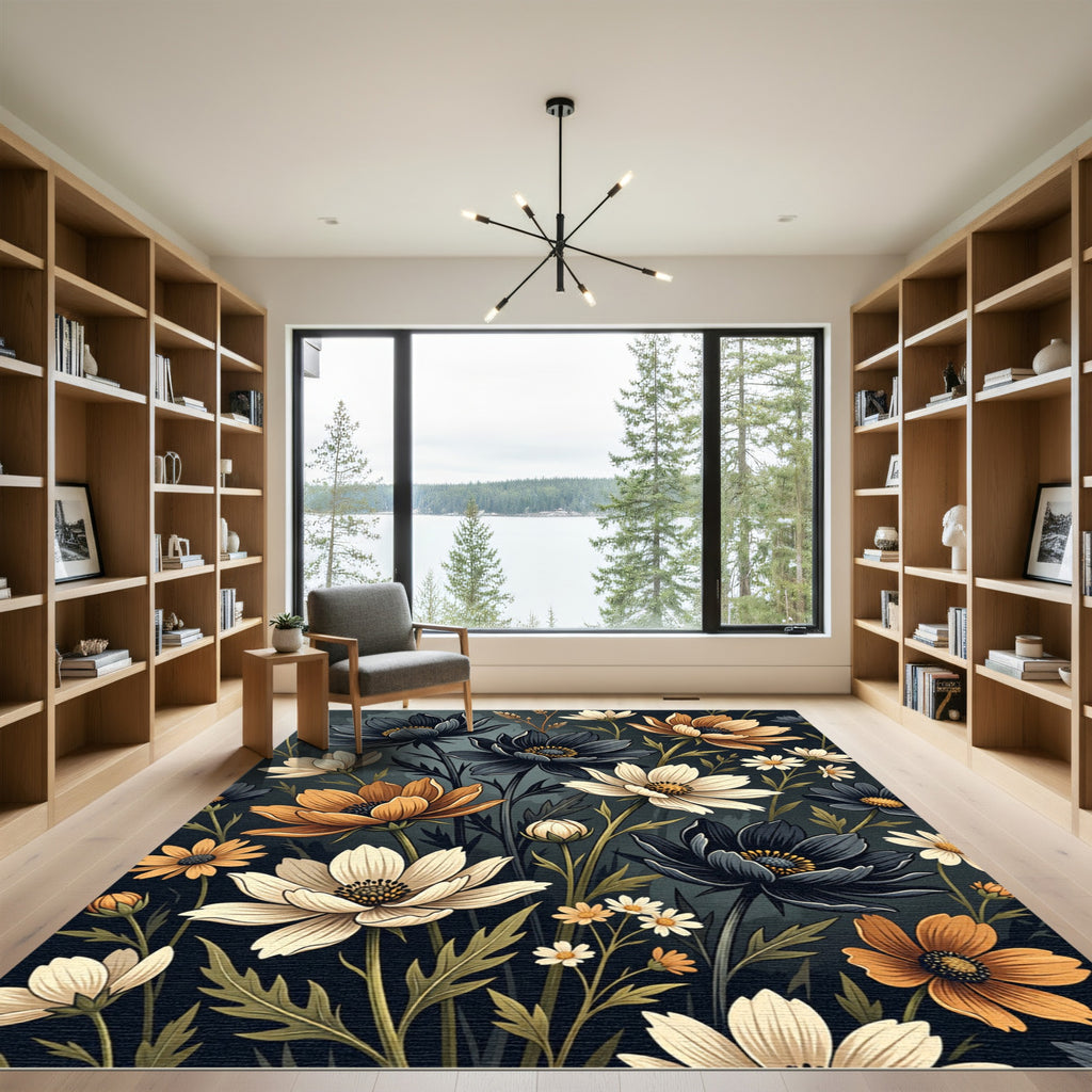 Dark Crimson Orange White Floral Arrangement Rug