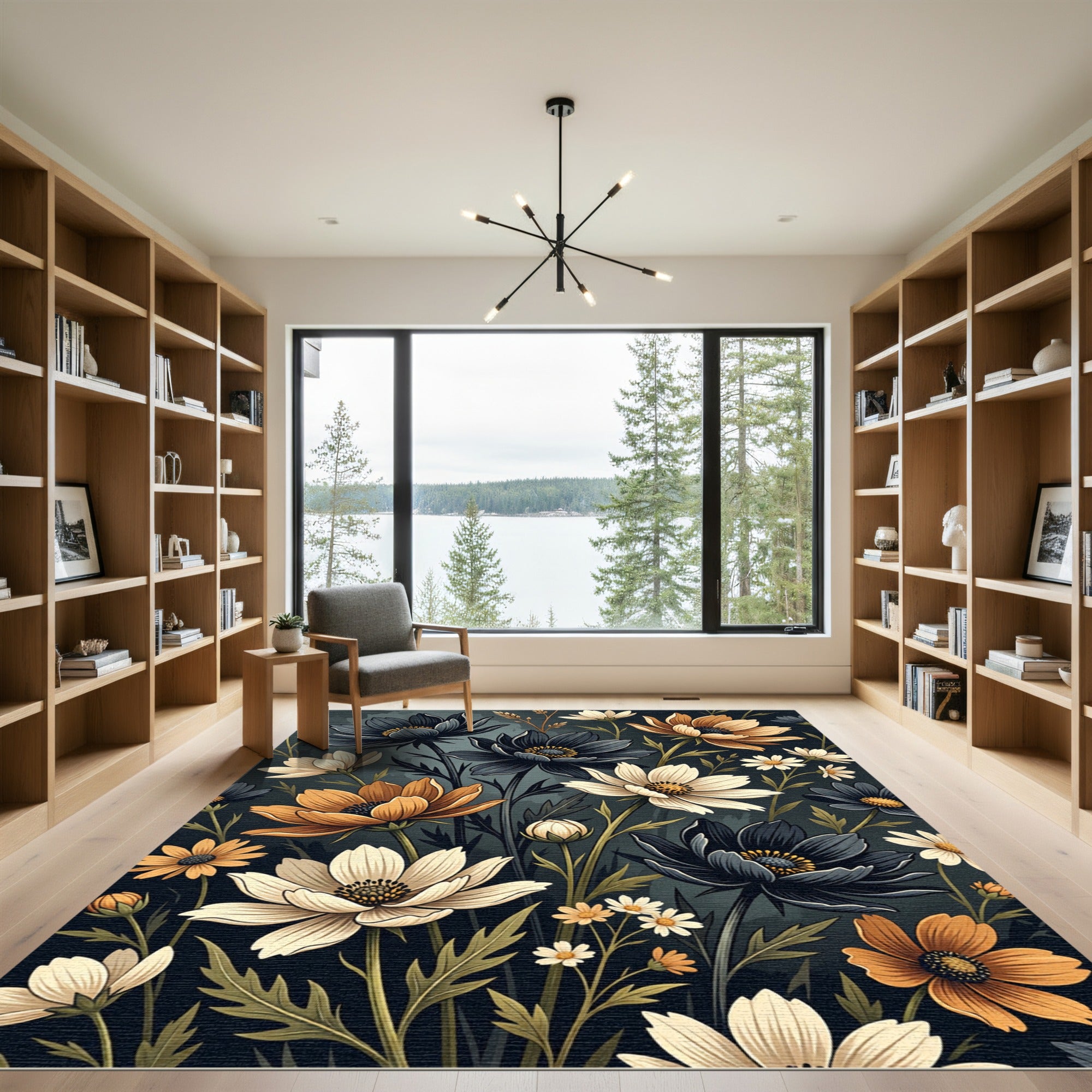 Dark Crimson Orange White Floral Arrangement Rug
