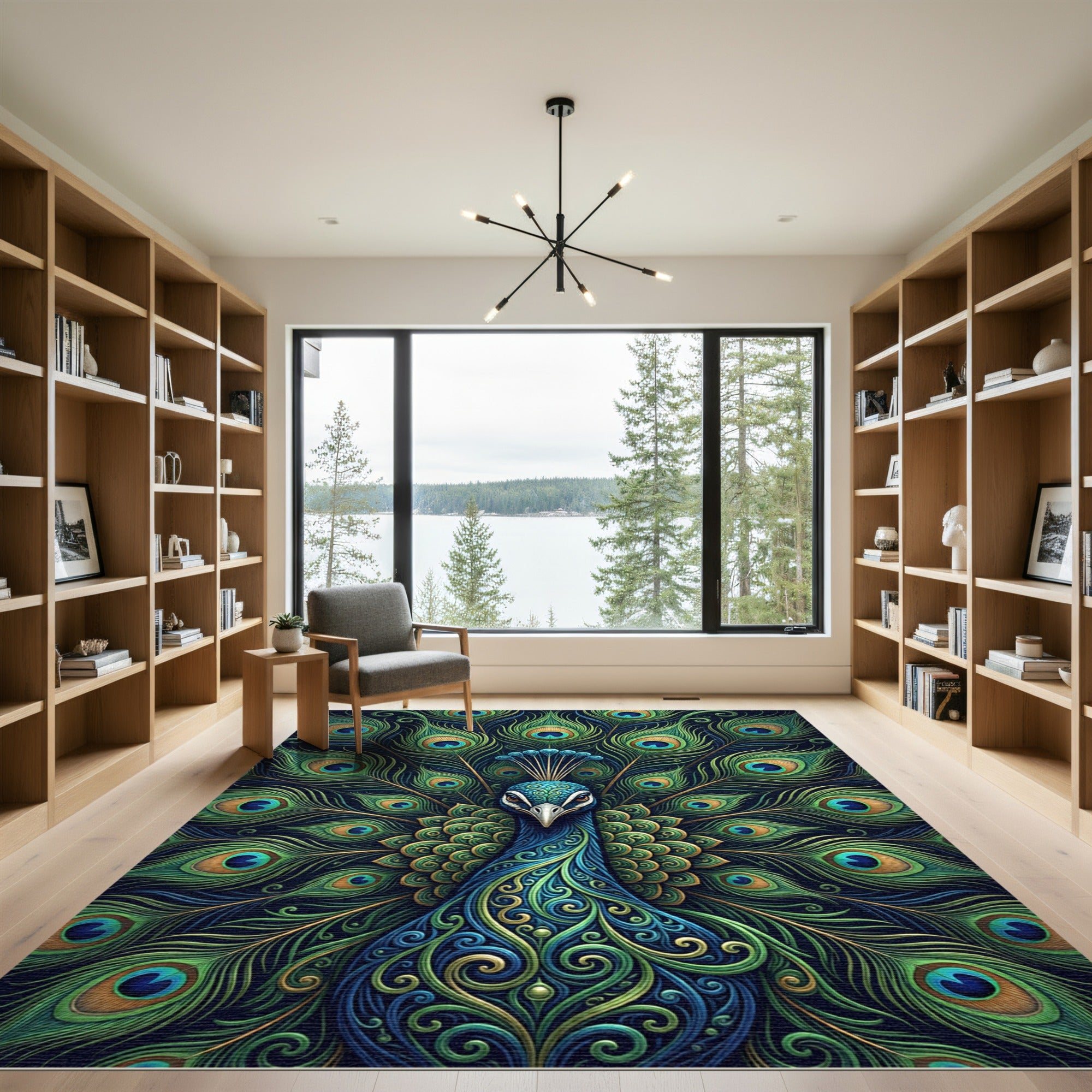 Exquisite Peacock Feather Symmetry Art Rug