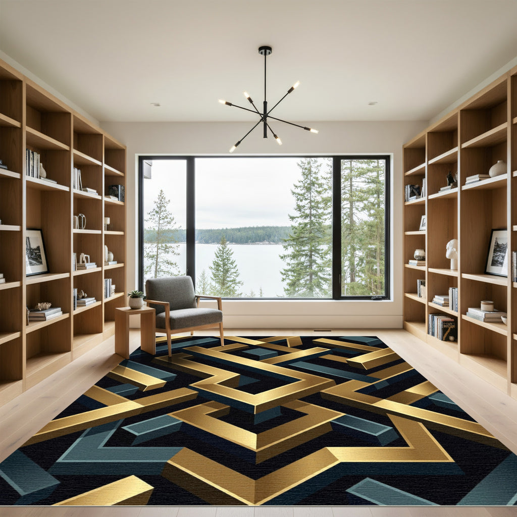 Gold Teal Isometric Maze Surface Rug