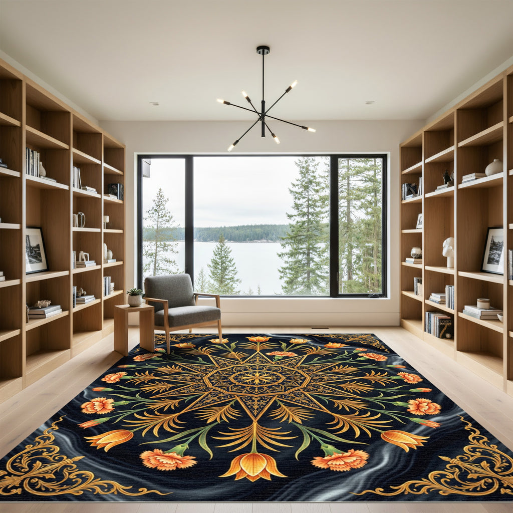 Golden Floral Star Medallion Obsidian Swirl Rug