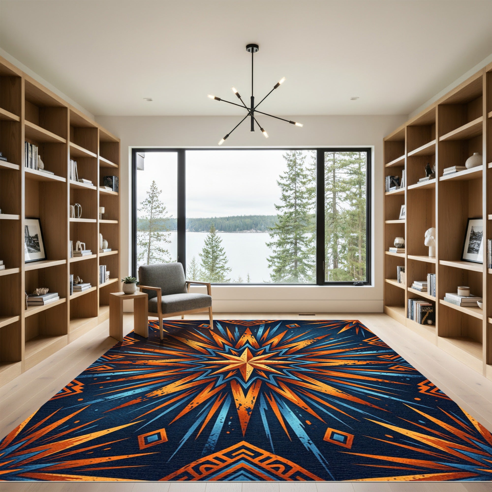 Radiant Orange Blue Burst Star Rug
