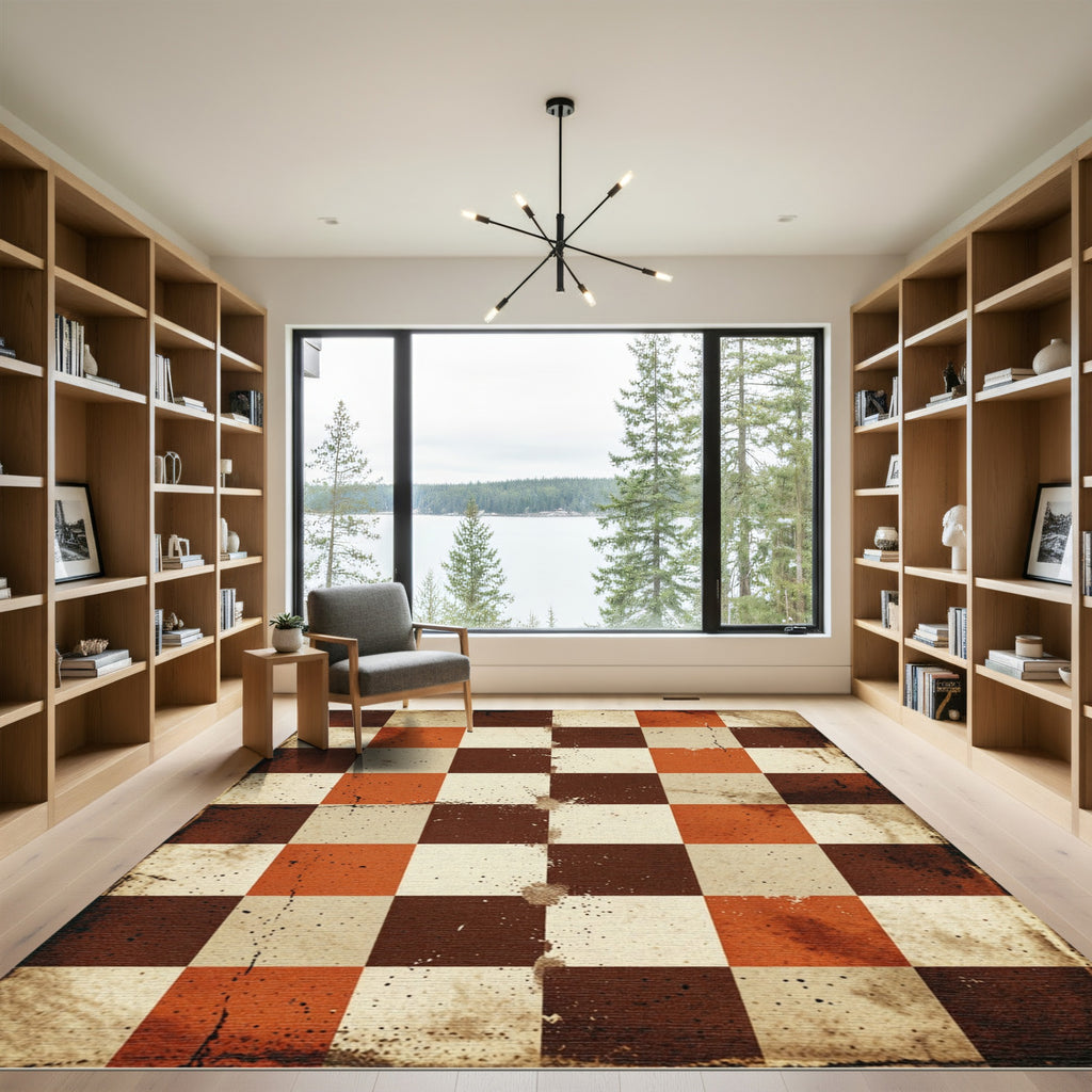 Distressed Rust and Cream Checkerboard Rug