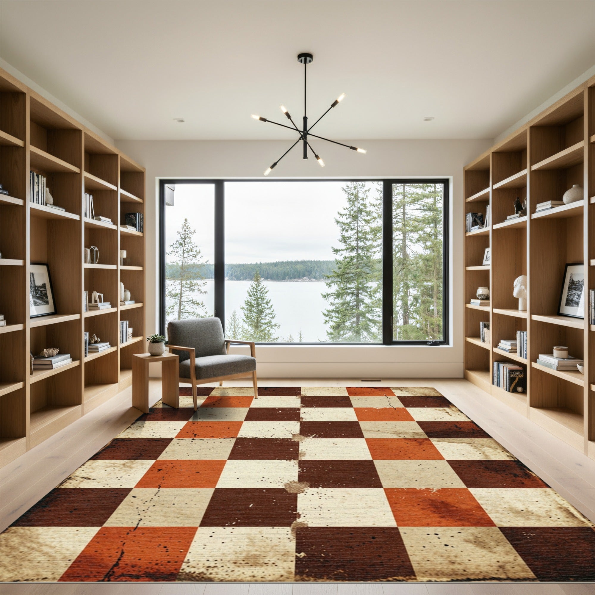 Distressed Rust and Cream Checkerboard Rug